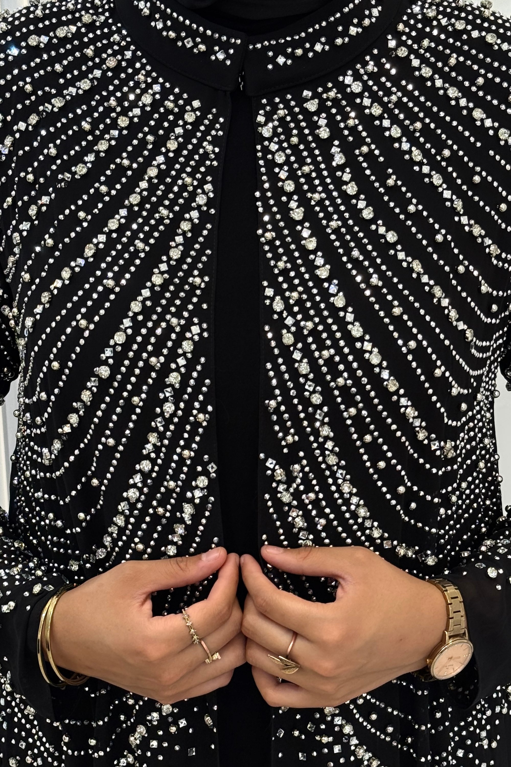 Büyük Beden Kristal Taş İşlemeli Abaya Takım Siyah OTW804