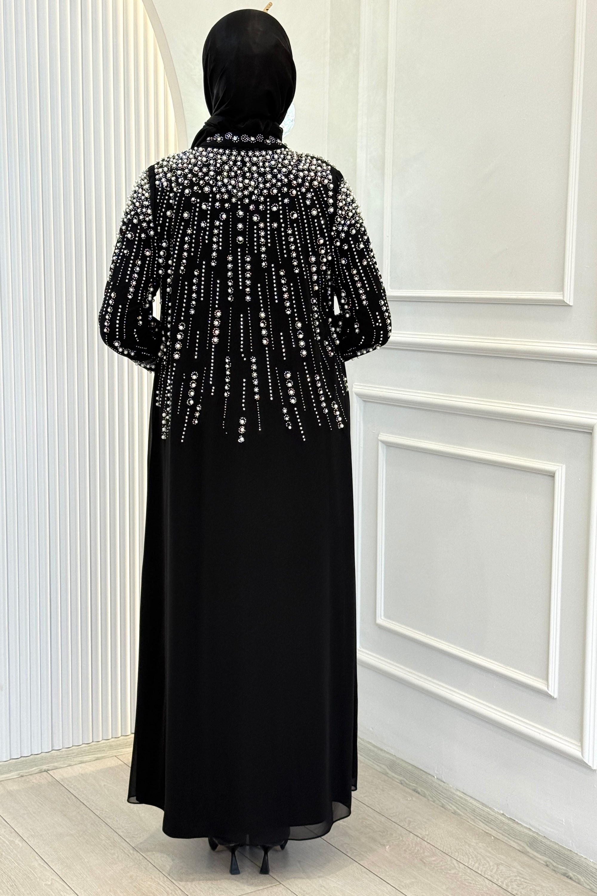 Büyük Beden Kristal Taş İşlemeli Abaya Takım Siyah OTW703