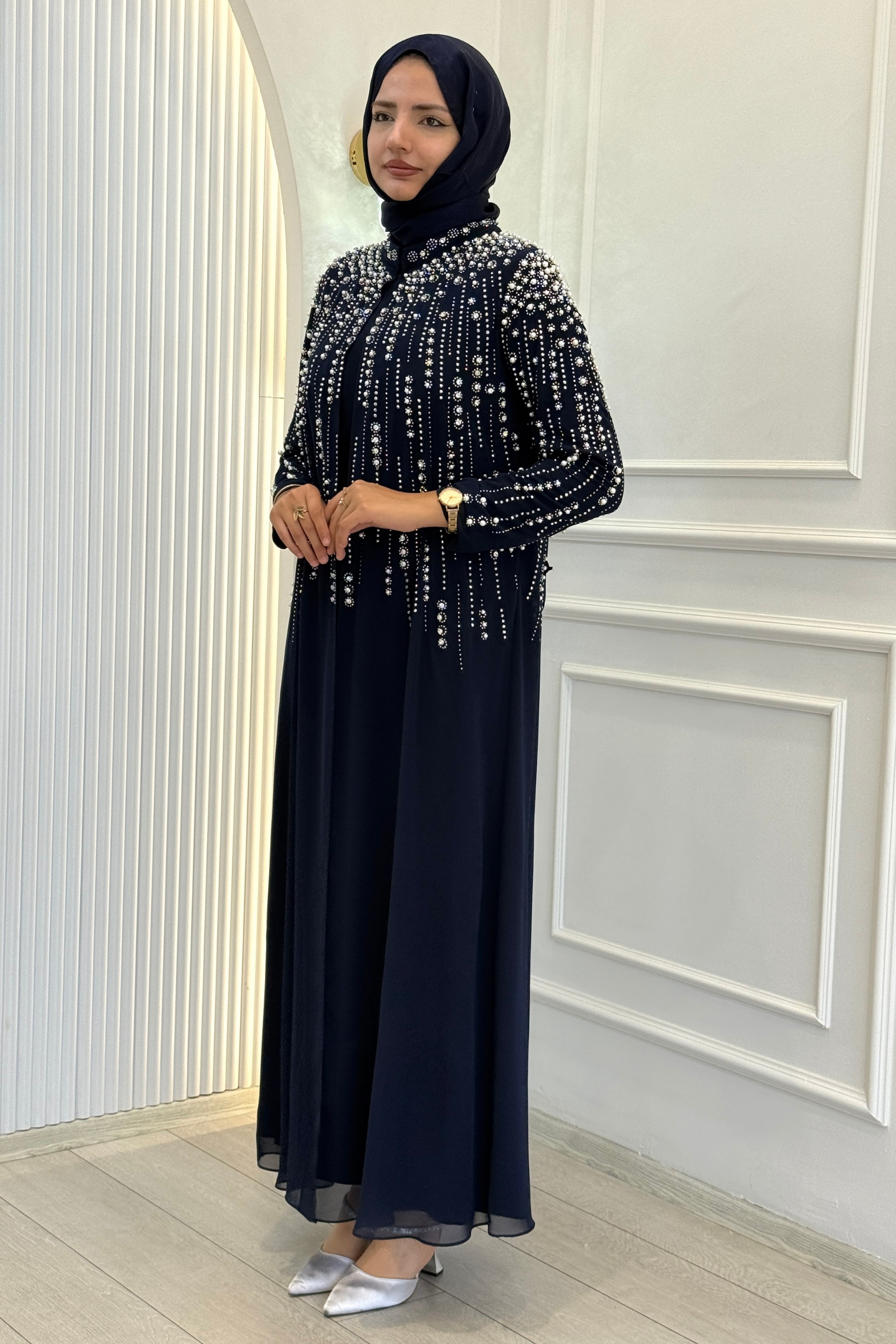 Büyük Beden Kristal Taş İşlemeli Abaya Takım Lacivert OTW703