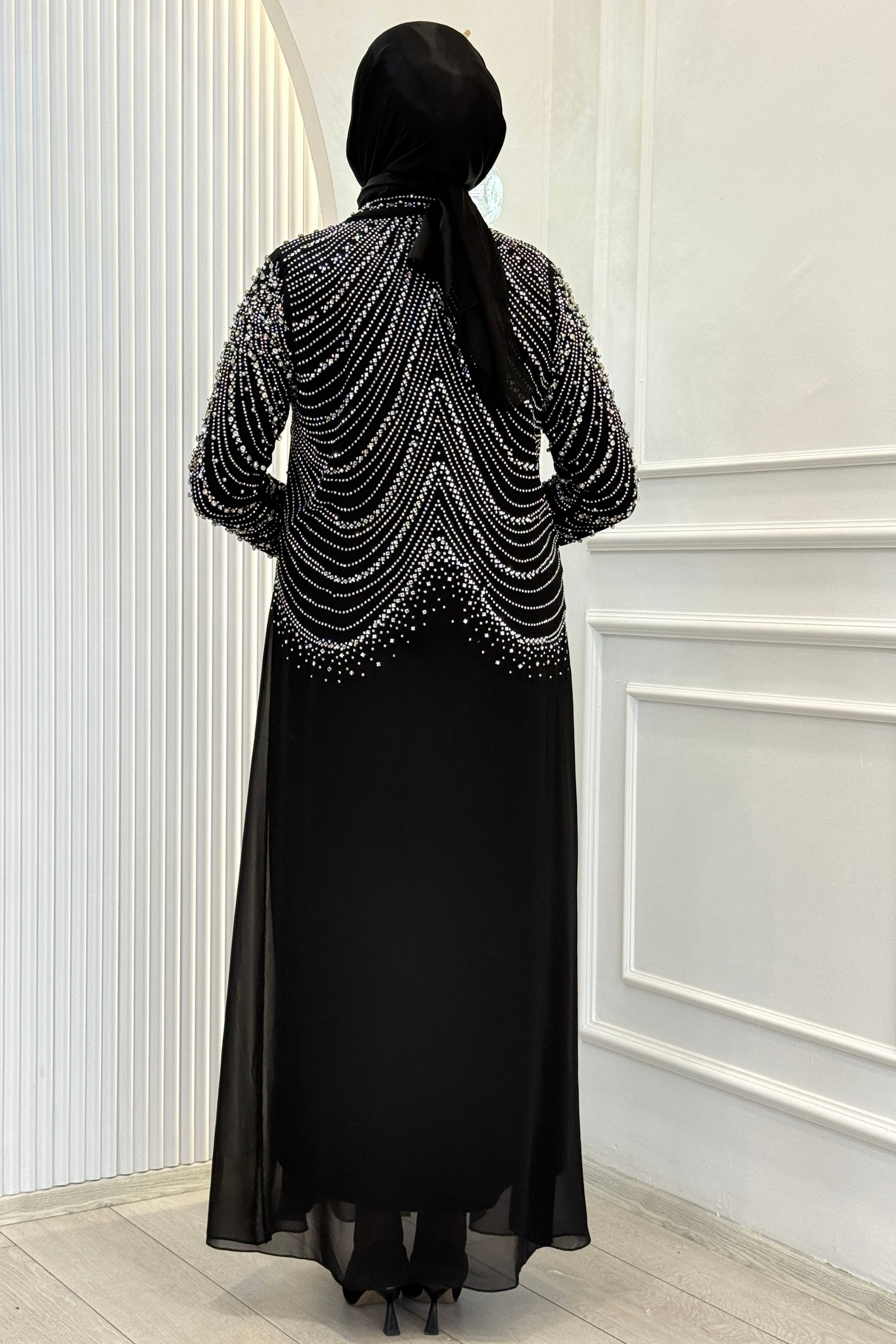 Büyük Beden Kristal Taş İşlemeli Abaya Takım Siyah OTW804
