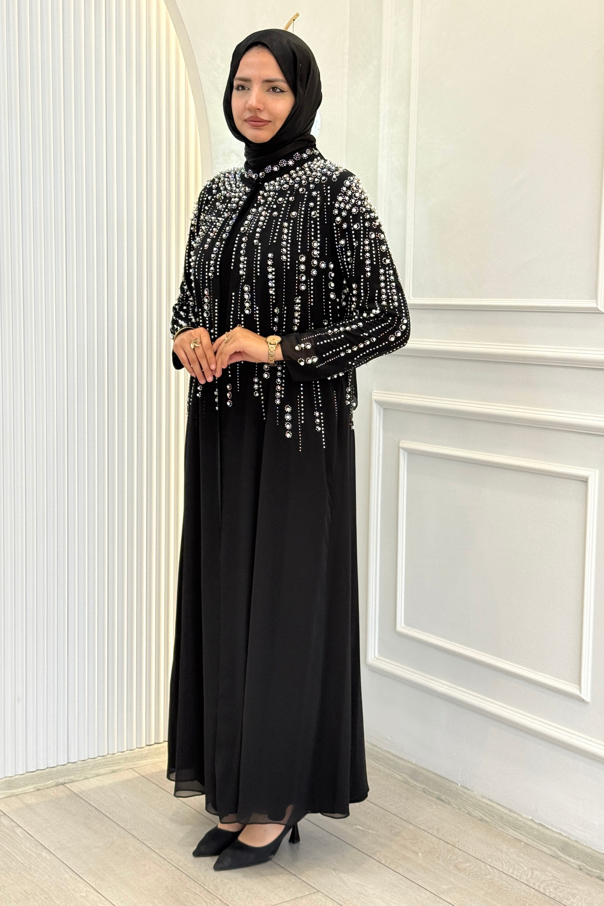 Büyük Beden Kristal Taş İşlemeli Abaya Takım Siyah OTW703