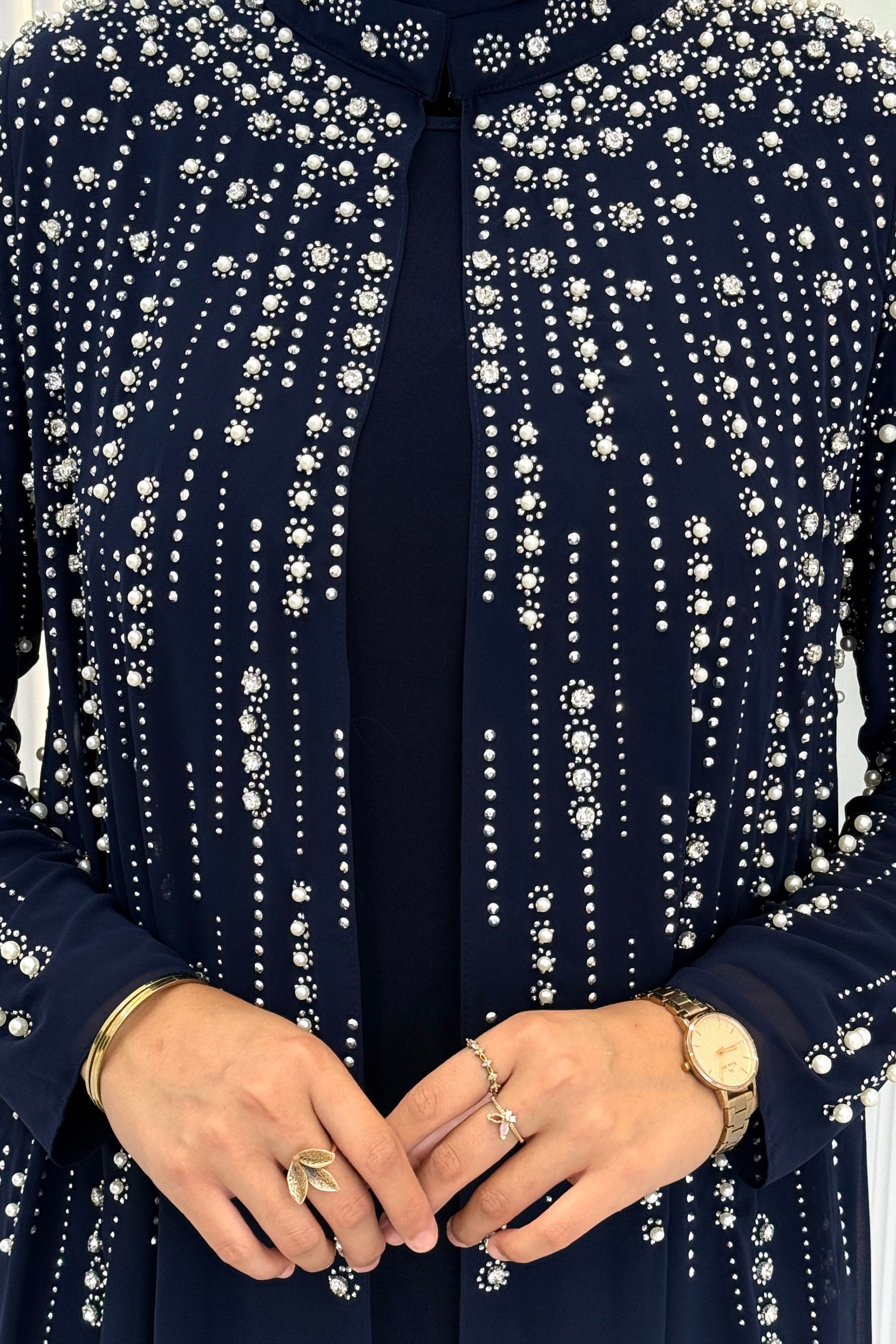 Büyük Beden Kristal Taş İşlemeli Abaya Takım Lacivert OTW703