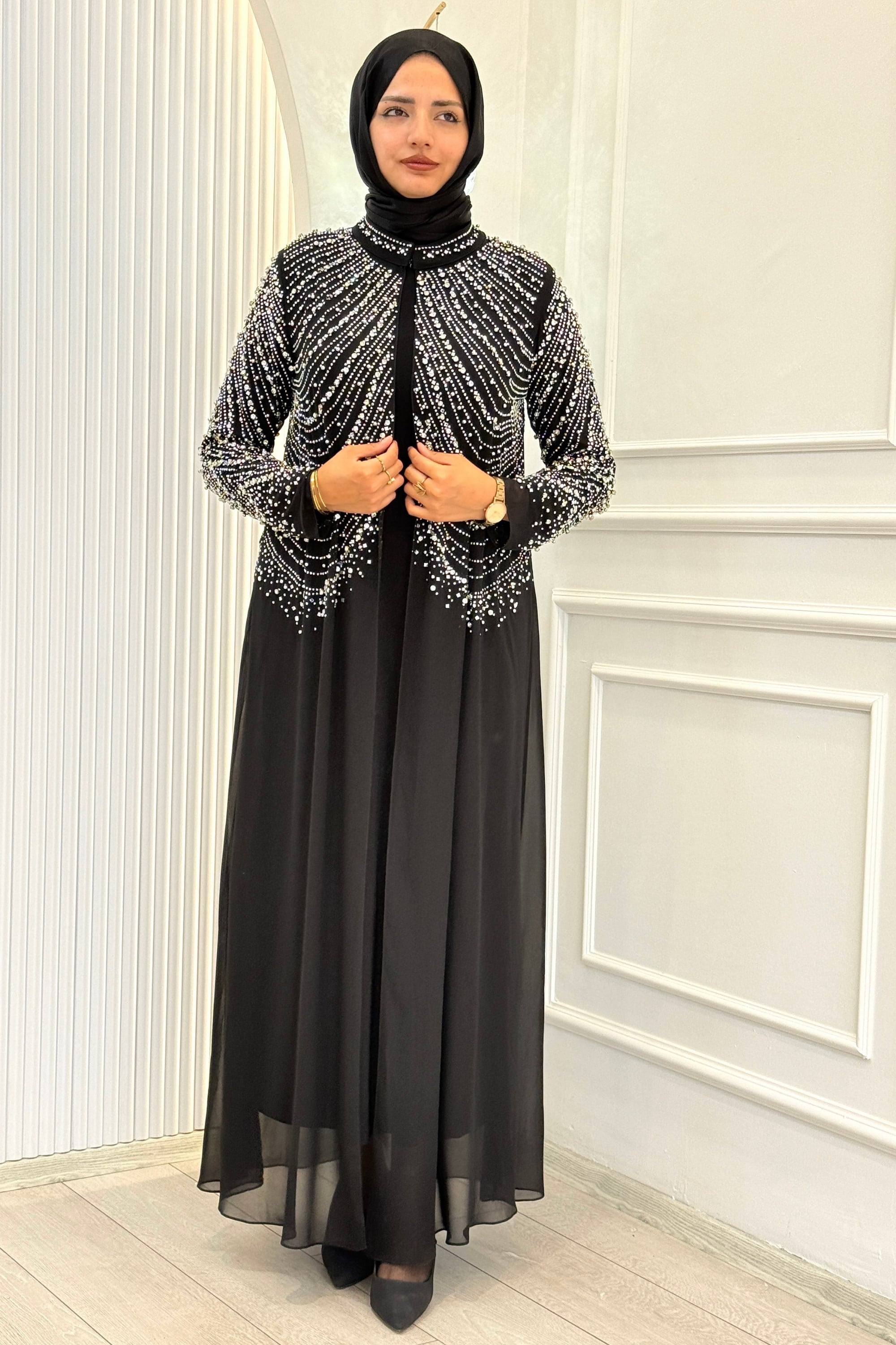 Büyük Beden Kristal Taş İşlemeli Abaya Takım Siyah OTW804