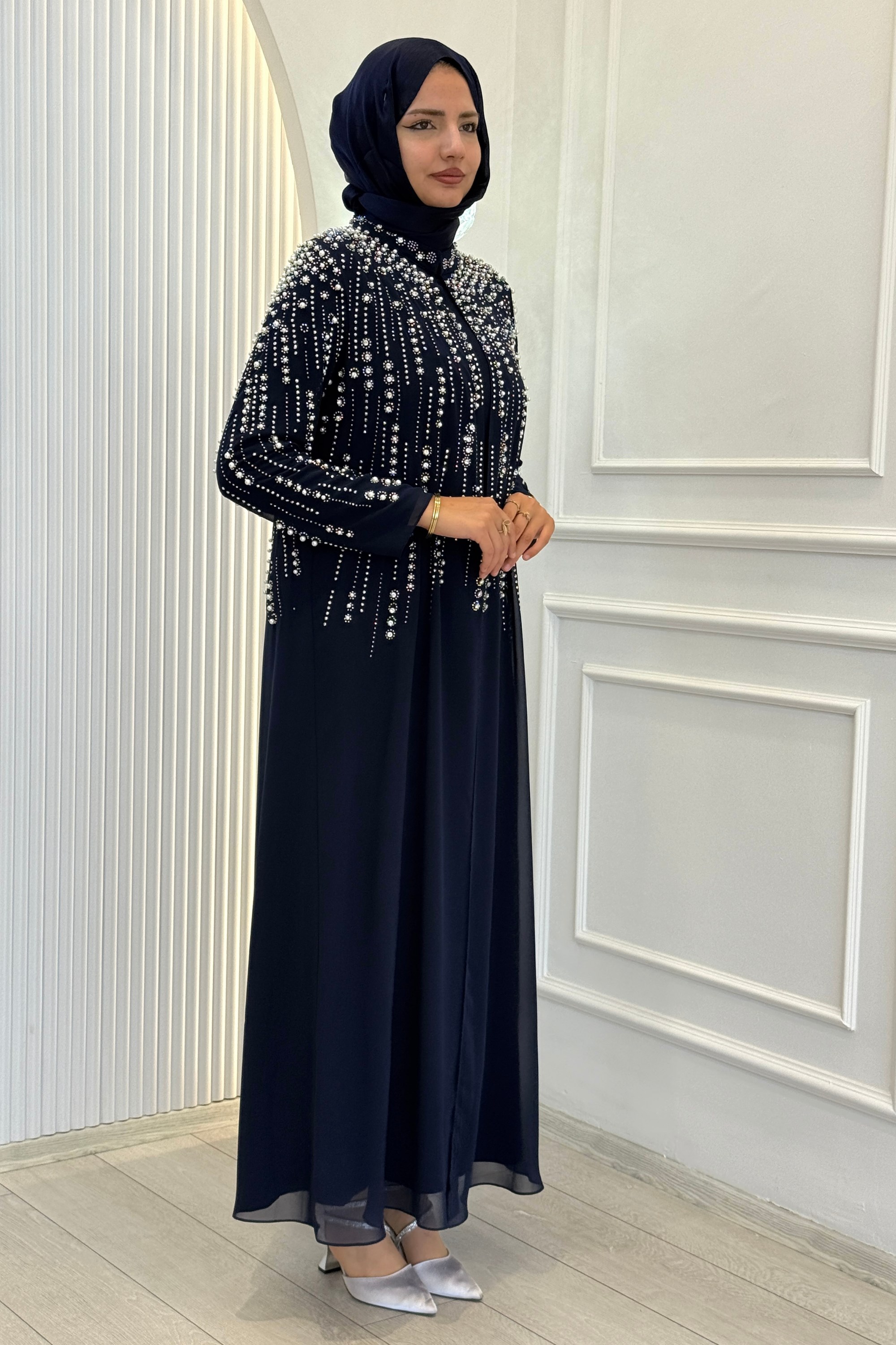 Büyük Beden Kristal Taş İşlemeli Abaya Takım Lacivert OTW703