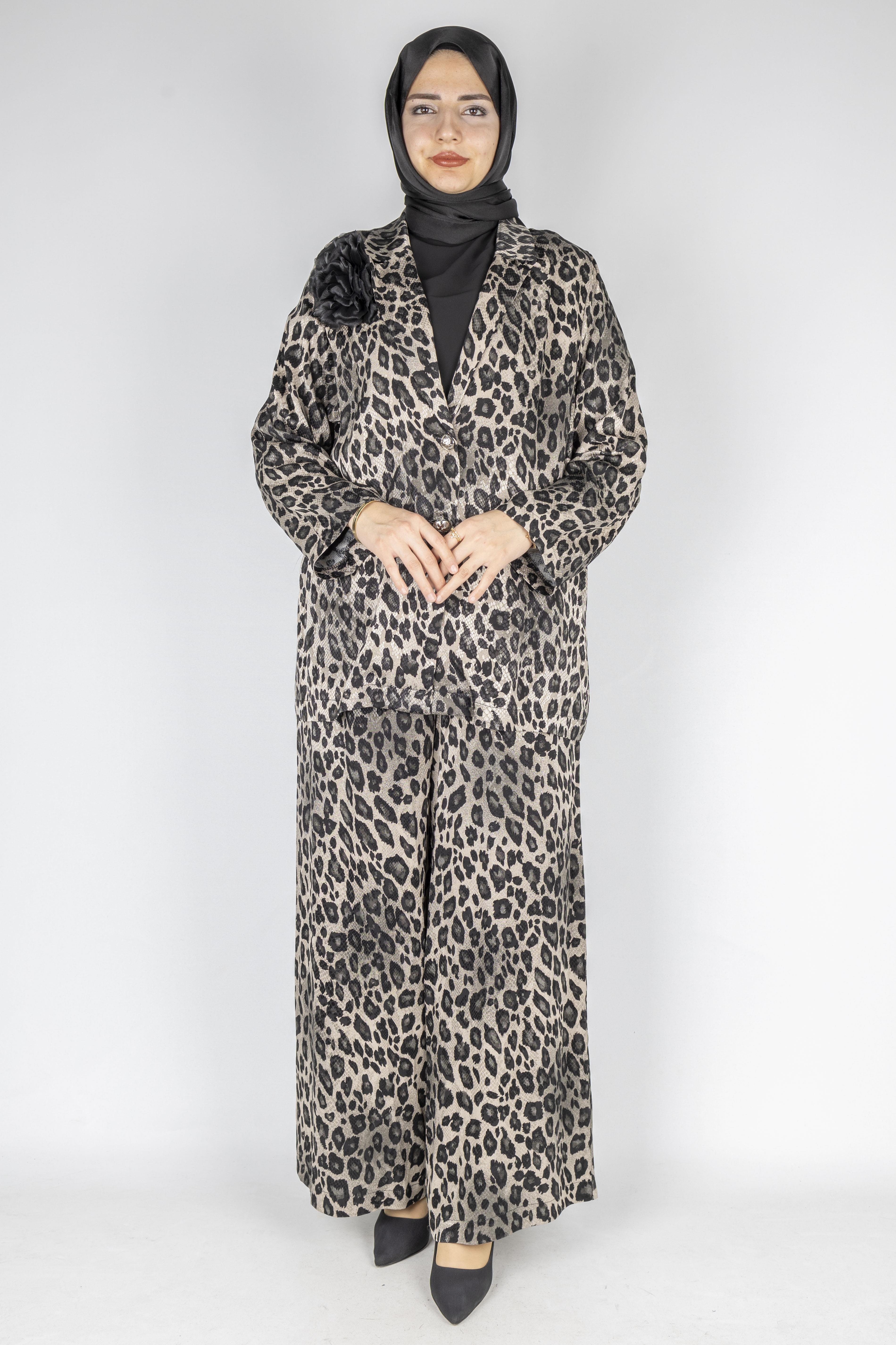 Büyük Beden Leopar Desenli Takım Taş-Leopar OTW9461