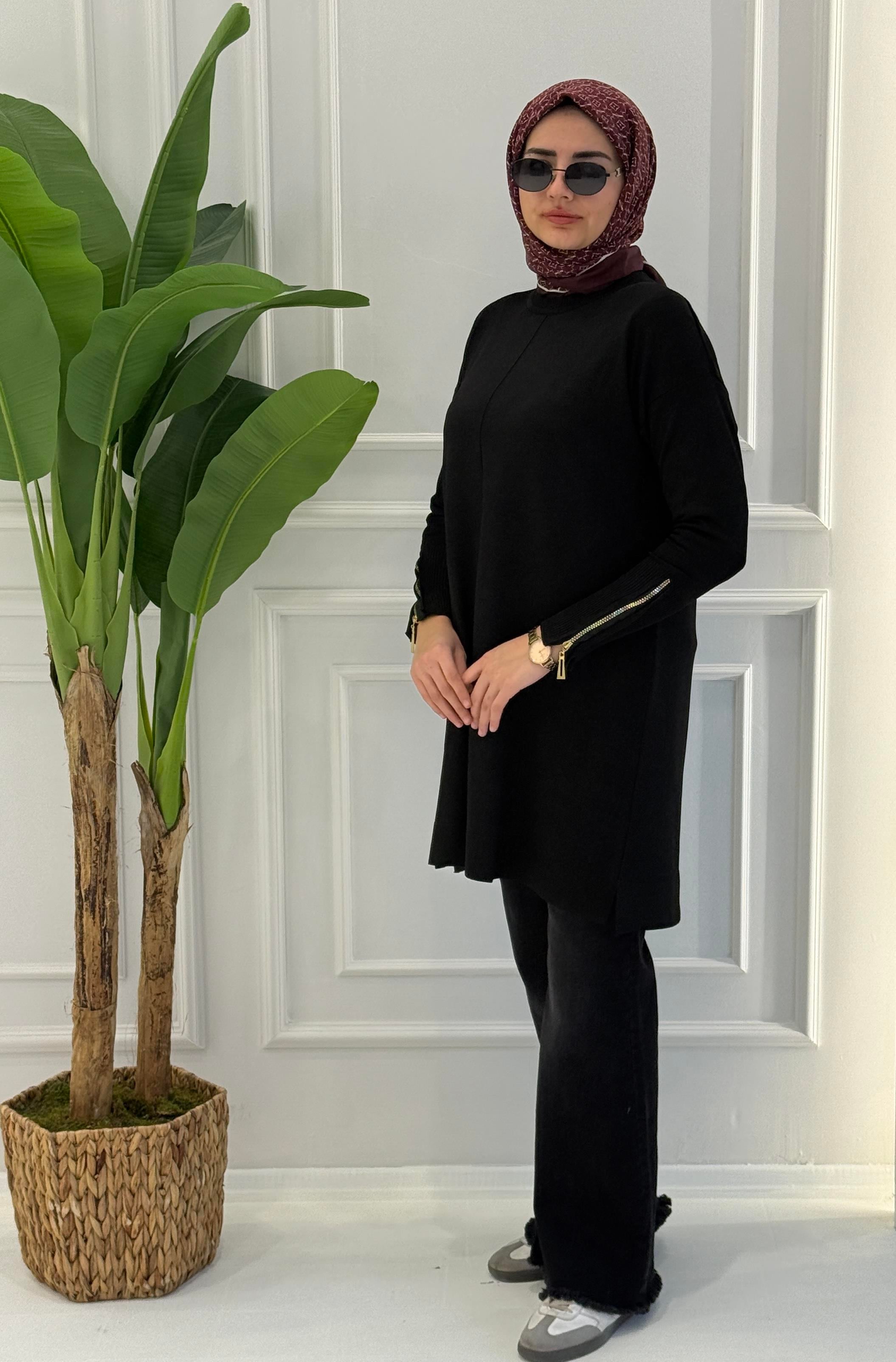 Büyük Beden Merserize Fermuarlı Kol Tunik Siyah OTW1042