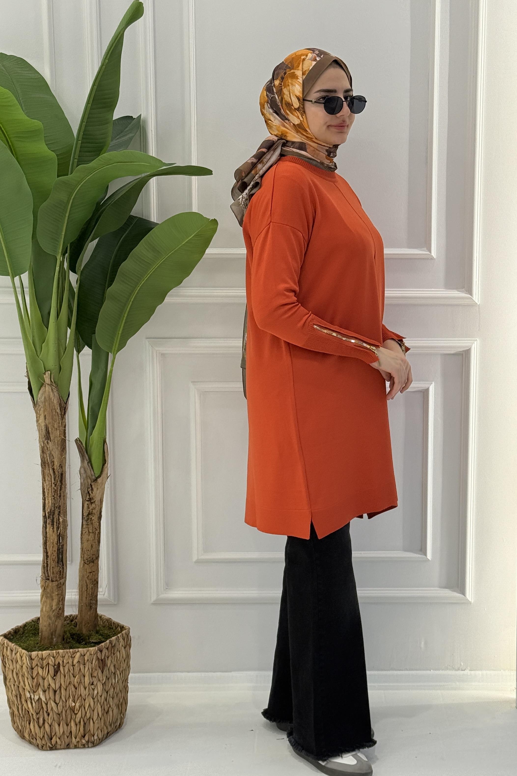 Büyük Beden Merserize Fermuarlı Kol Tunik Oranj OTW1042