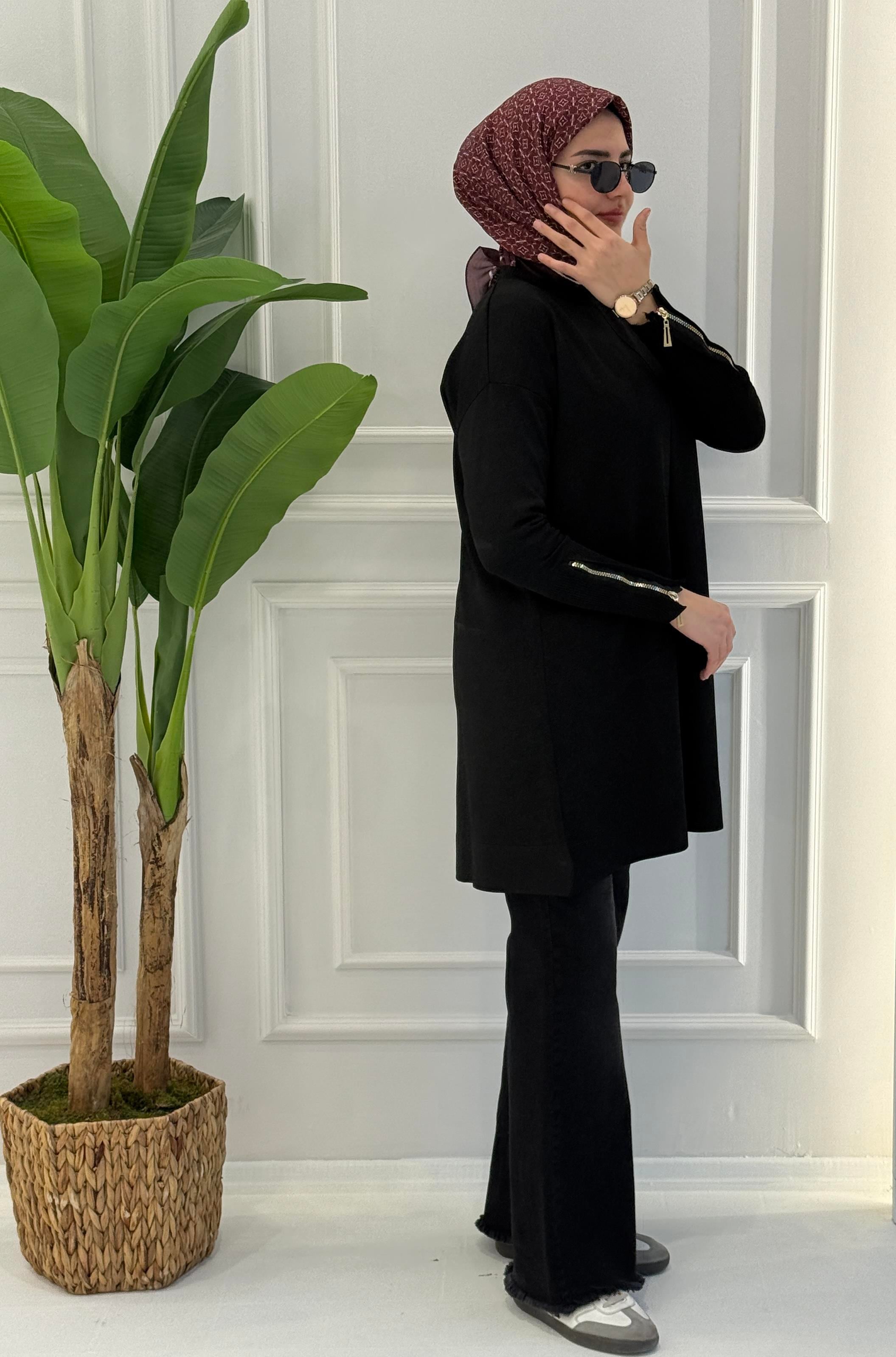 Büyük Beden Merserize Fermuarlı Kol Tunik Siyah OTW1042