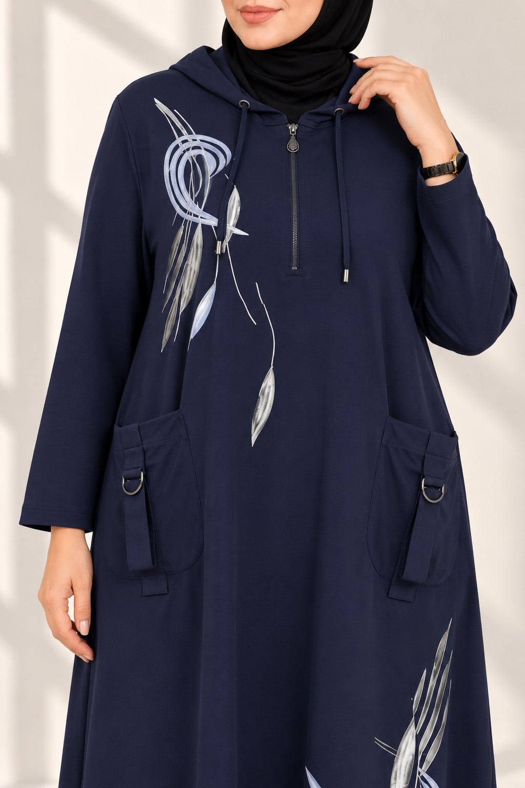 Büyük Beden Nakış Detaylı Kapüşonlu Cotton Tunik Lacivert OTW40238