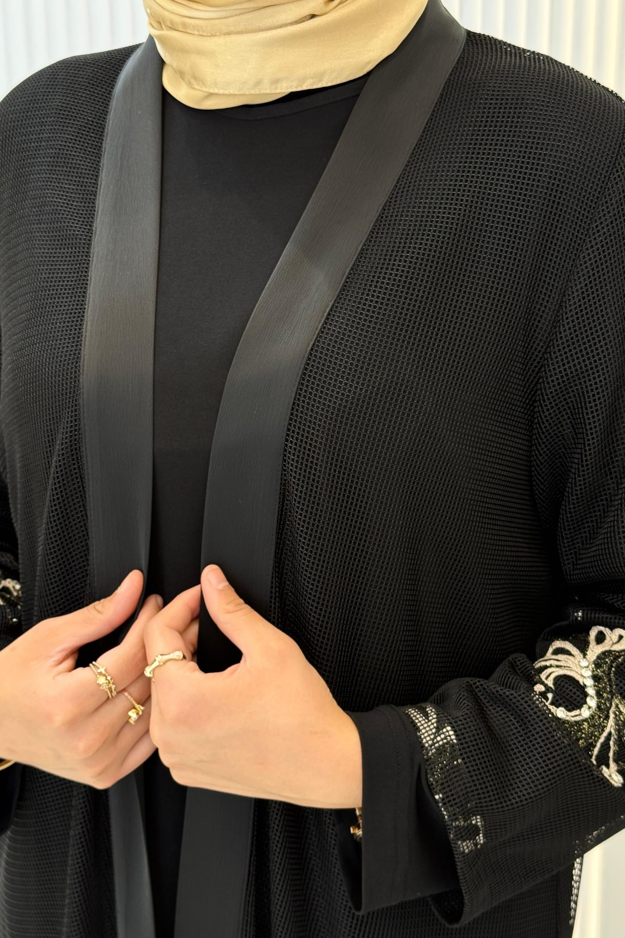 Büyük Beden Nakış İşlemeli File Abaya Takım Siyah OTW26114