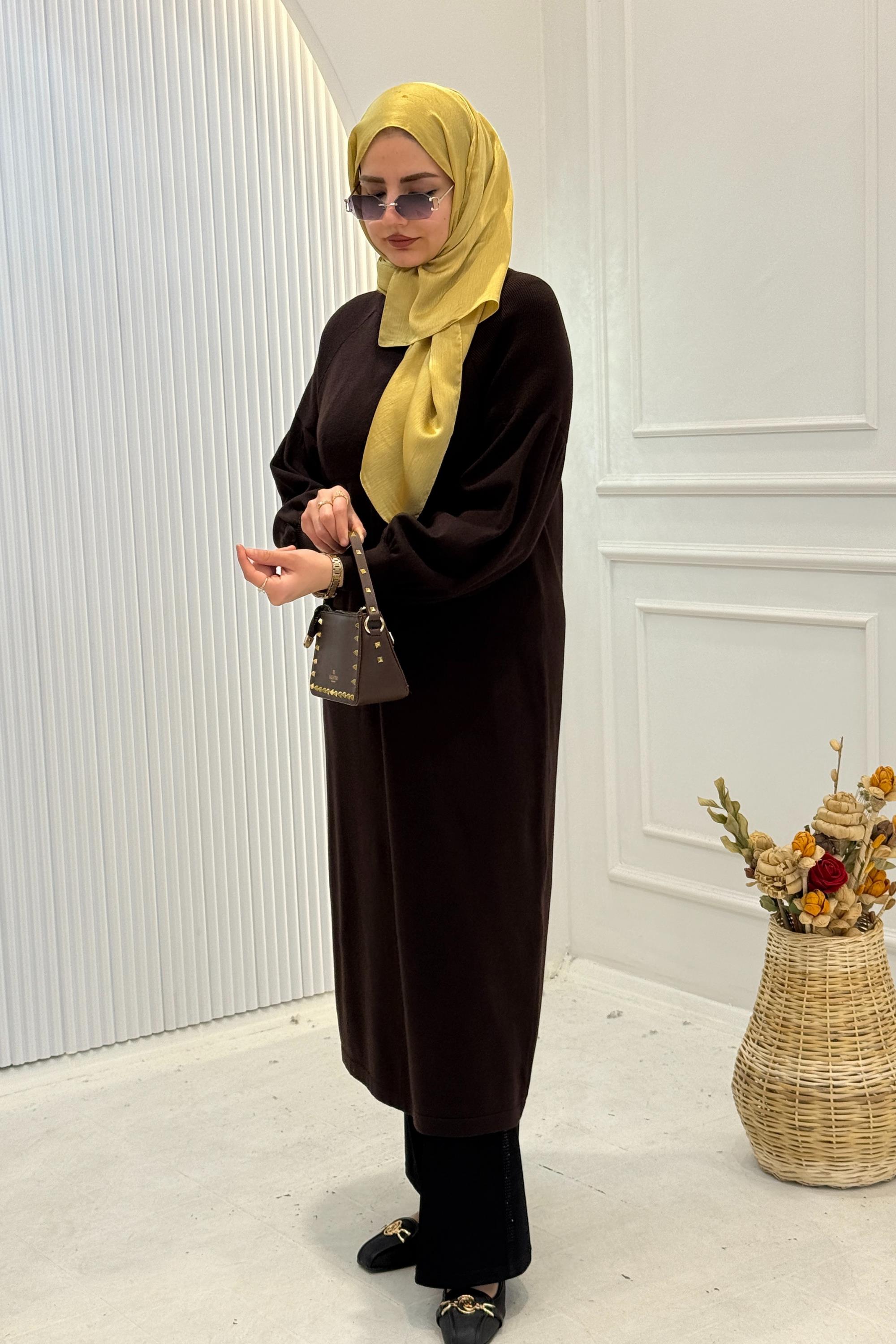 Büyük Beden Örme Triko Elbise Kahve OTW14316