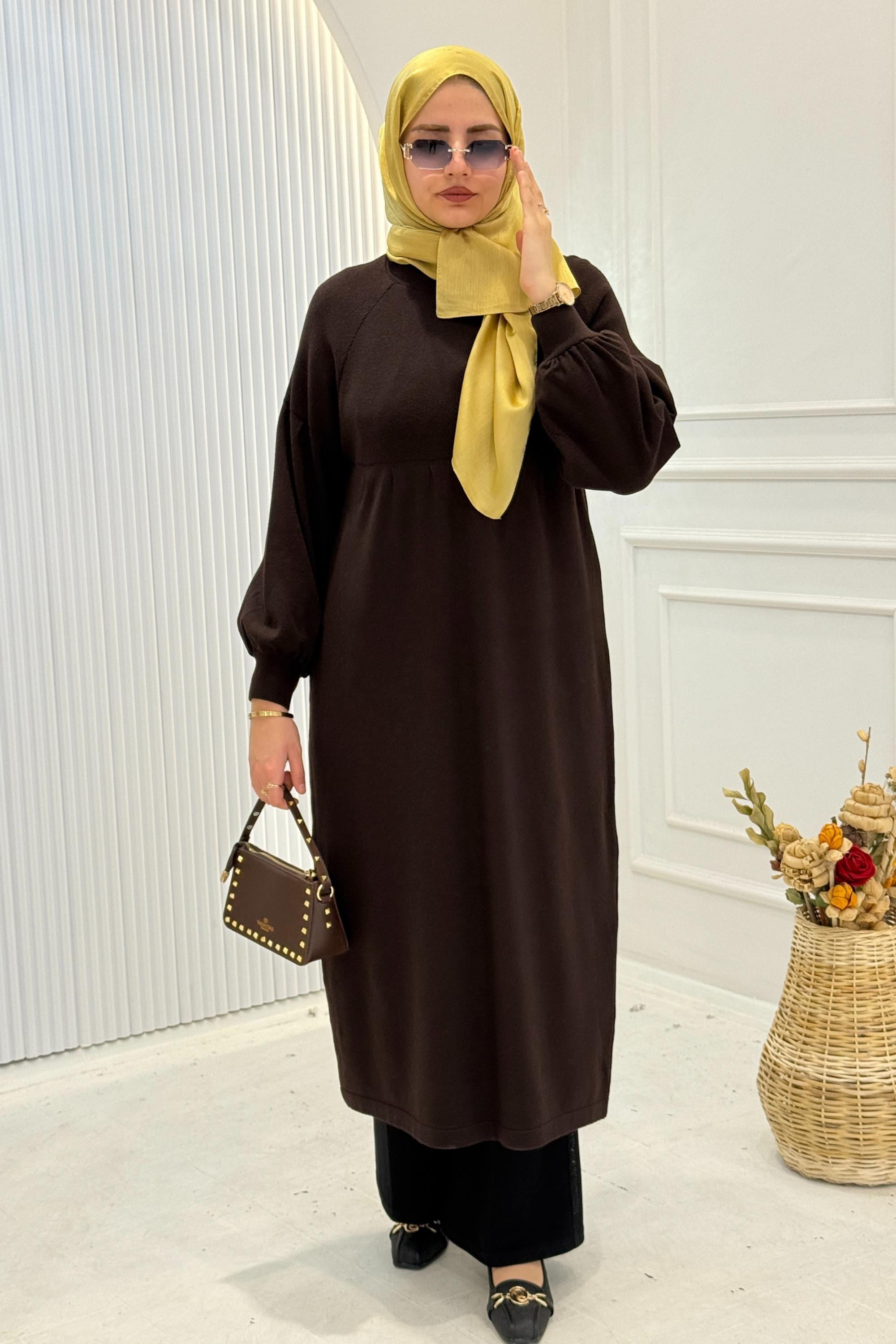 Büyük Beden Örme Triko Elbise Kahve OTW14316