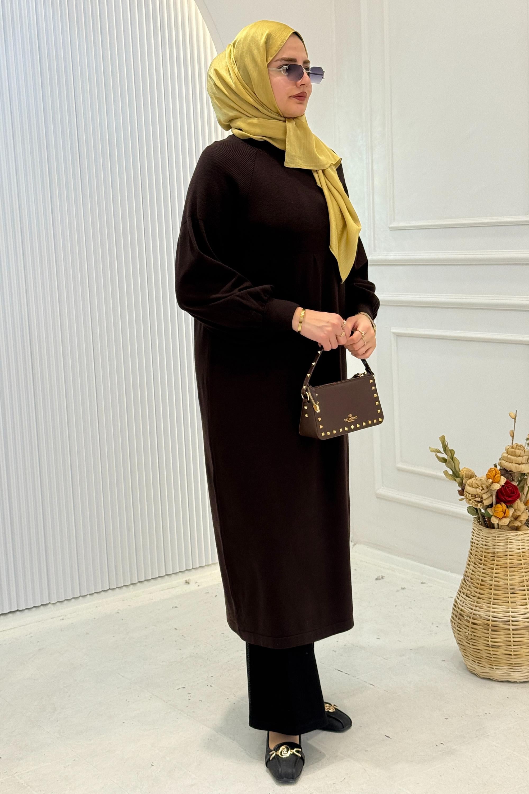 Büyük Beden Örme Triko Elbise Kahve OTW14316