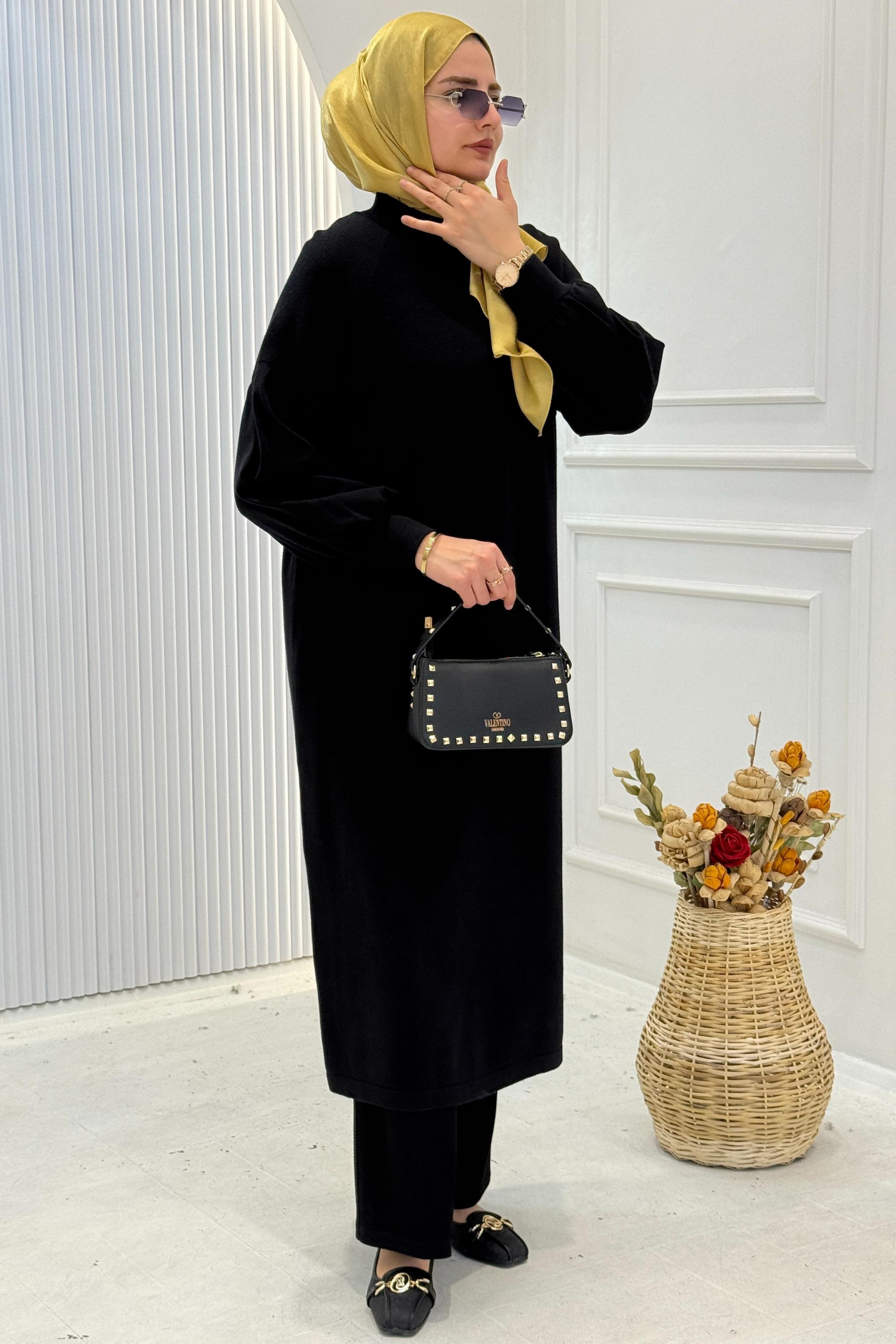 Büyük Beden Örme Triko Elbise Siyah OTW14316