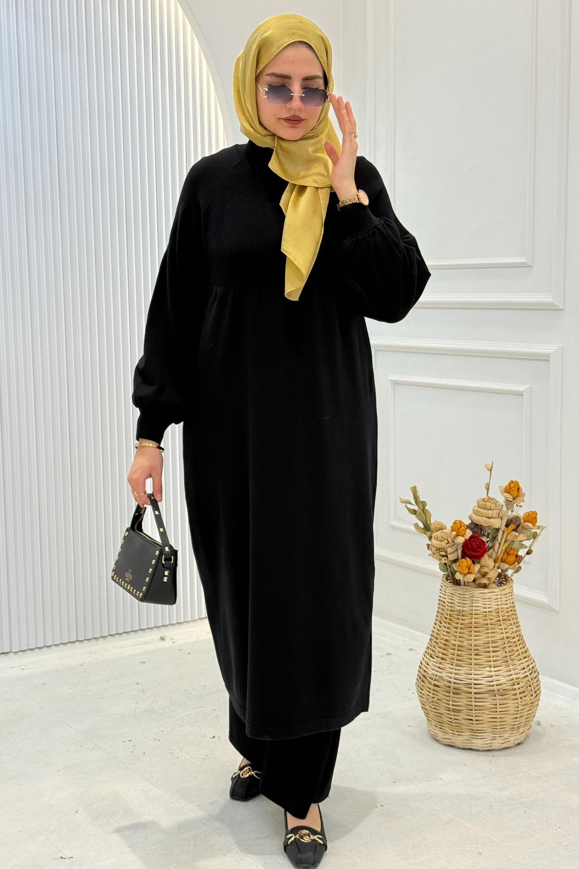 Büyük Beden Örme Triko Elbise Siyah OTW14316