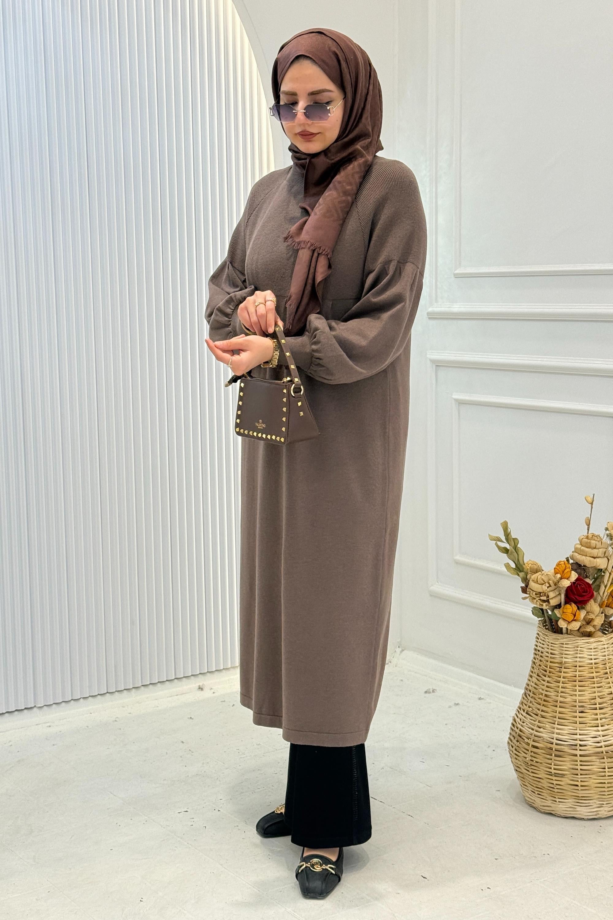 Büyük Beden Örme Triko Elbise Vizon OTW14316