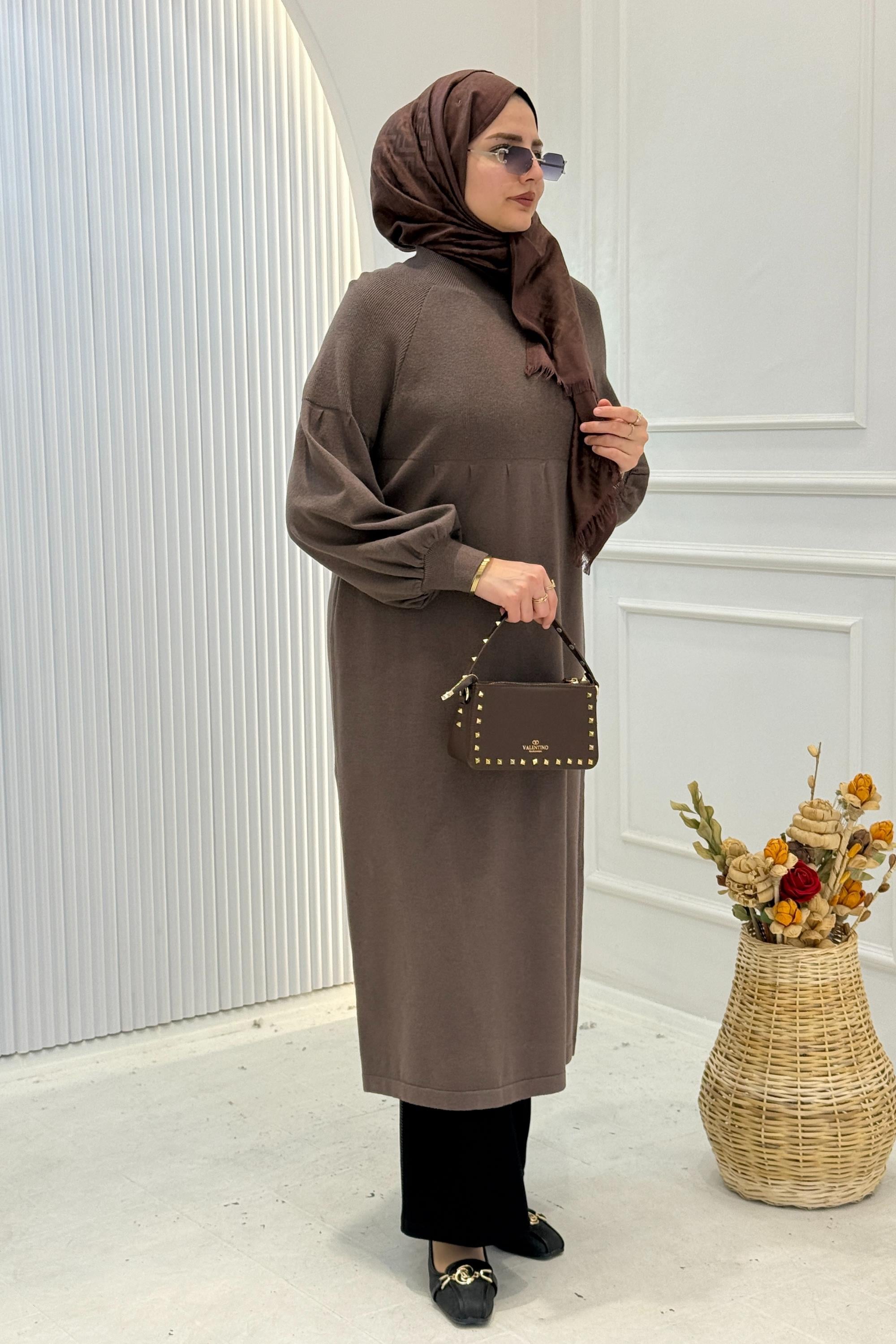 Büyük Beden Örme Triko Elbise Vizon OTW14316