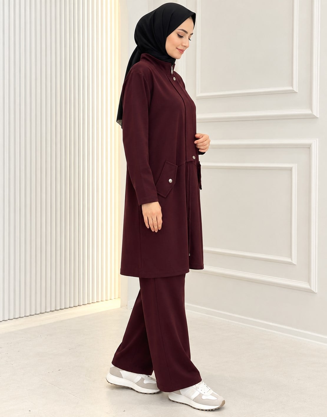 Büyük Beden Oysho Kumaş Fermuarlı Tesettür Takım Bordo OTW332
