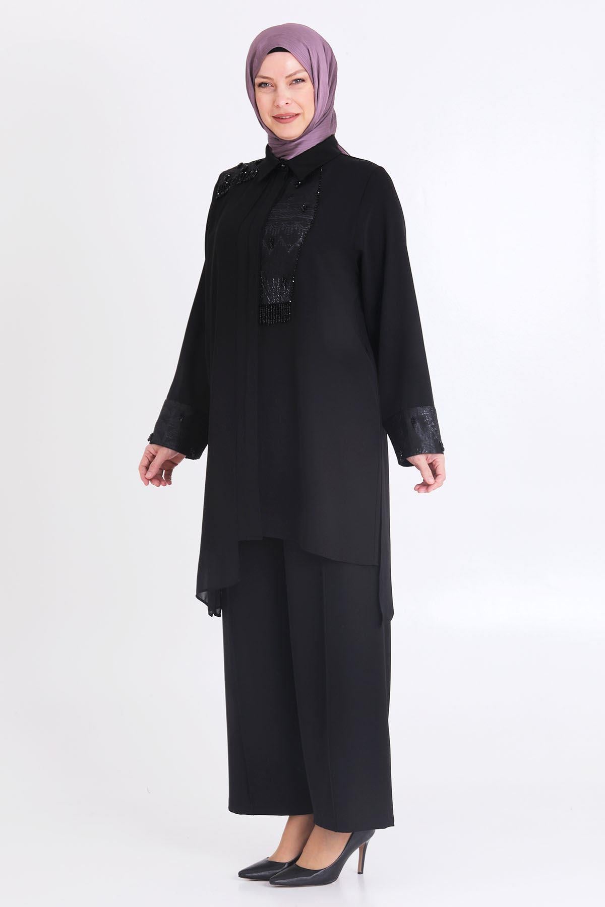 Büyük Beden Pantolonlu Takım Siyah OTW60023