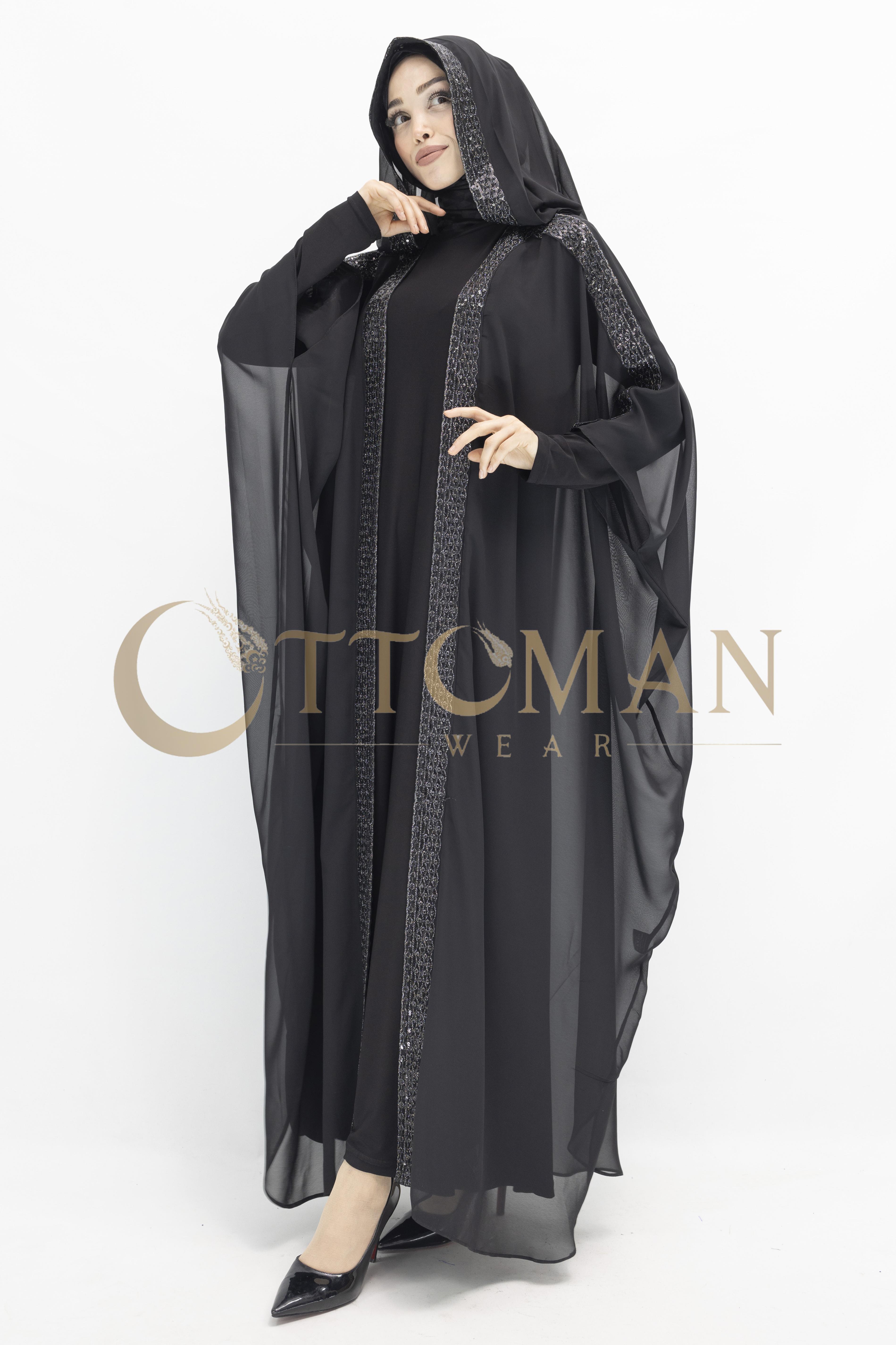 Büyük Beden Payetli Kapüşonlu Şifon Dubai Abaya Siyah-Gümüş OTW247