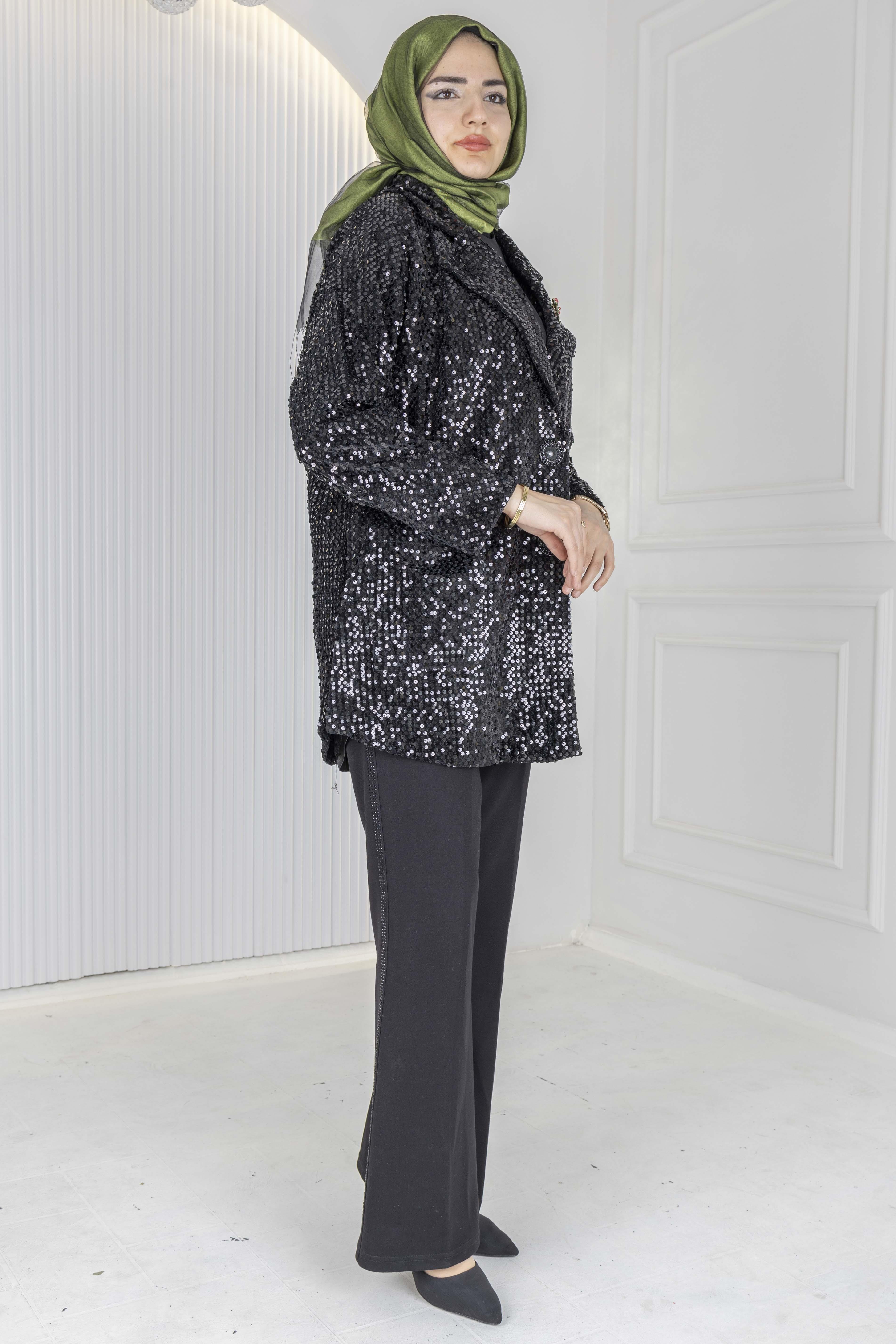 Büyük Beden Payetli Şık Ceket Siyah OTW1052