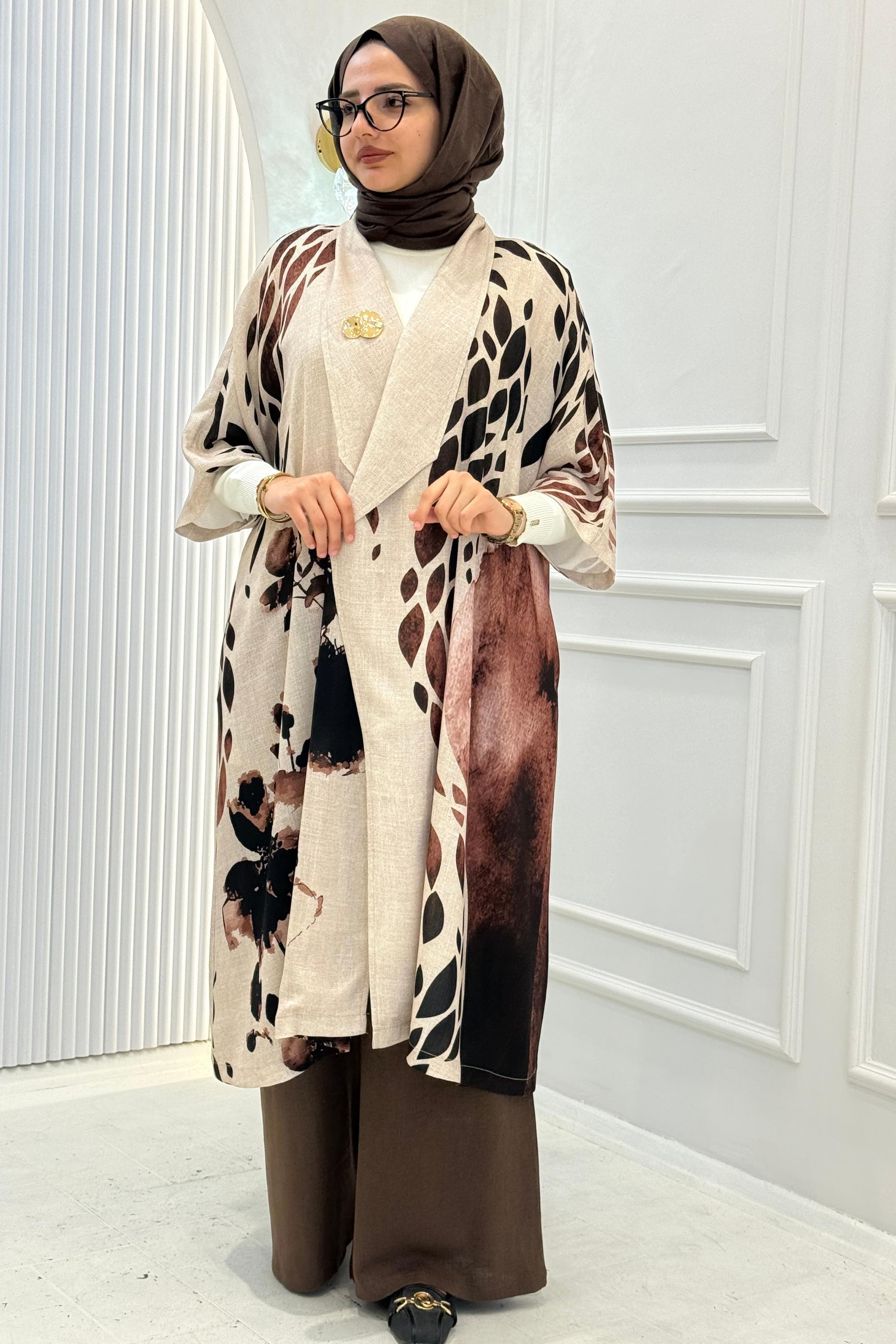 Büyük Beden Şal Yaka Desenli Kimono Kap Desenli OTW6038