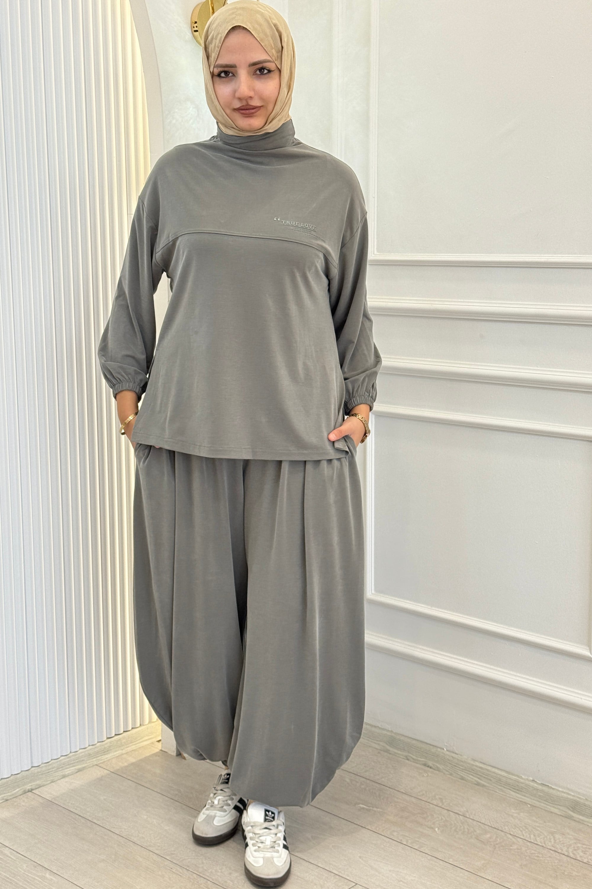 Büyük Beden Salaş Tunik Şalvar Pantolon Takım Haki OTW3764