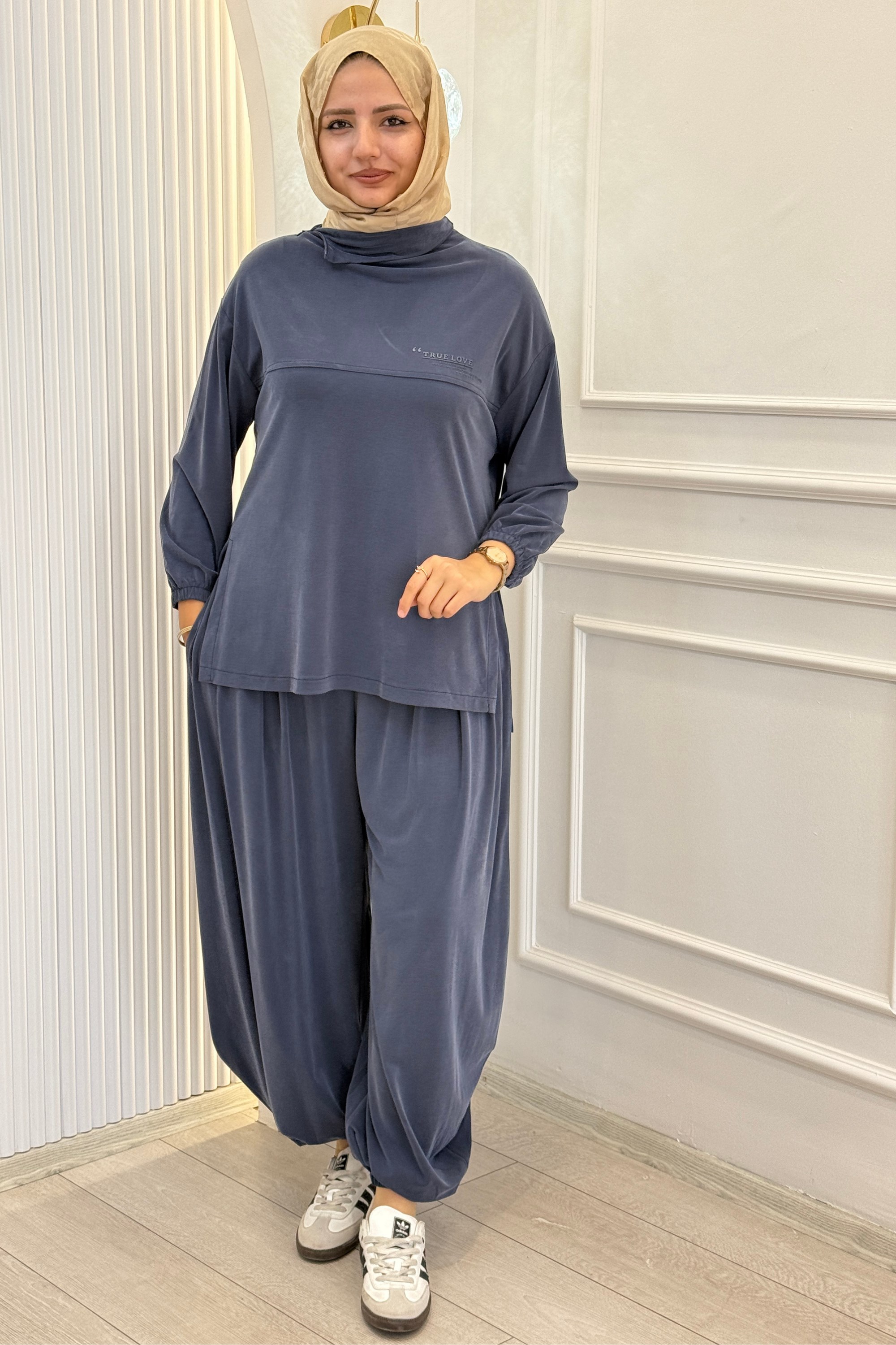 Büyük Beden Salaş Tunik Şalvar Pantolon Takım Lacivert OTW3764