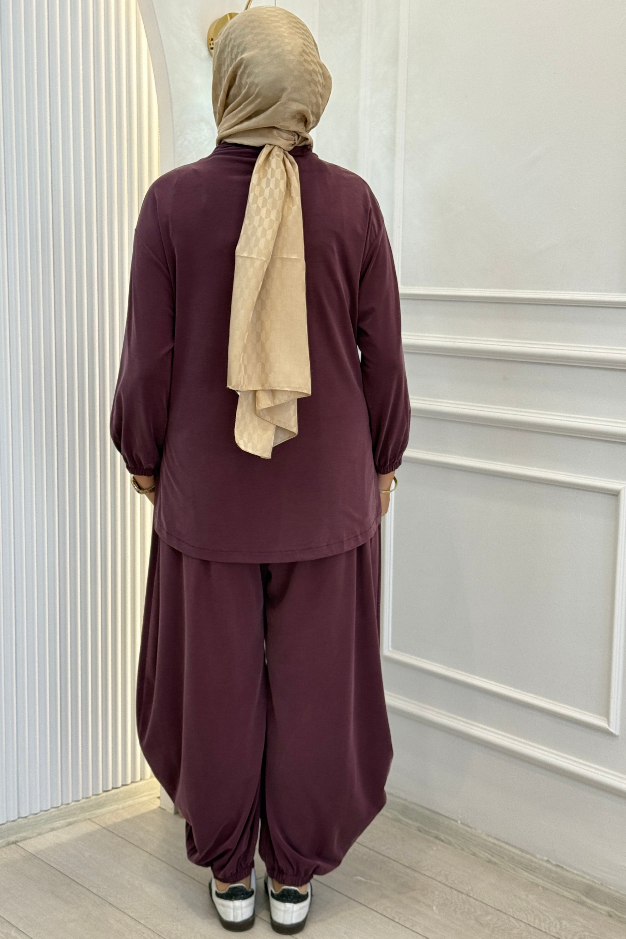 Büyük Beden Salaş Tunik Şalvar Pantolon Takım Mürdüm OTW3764