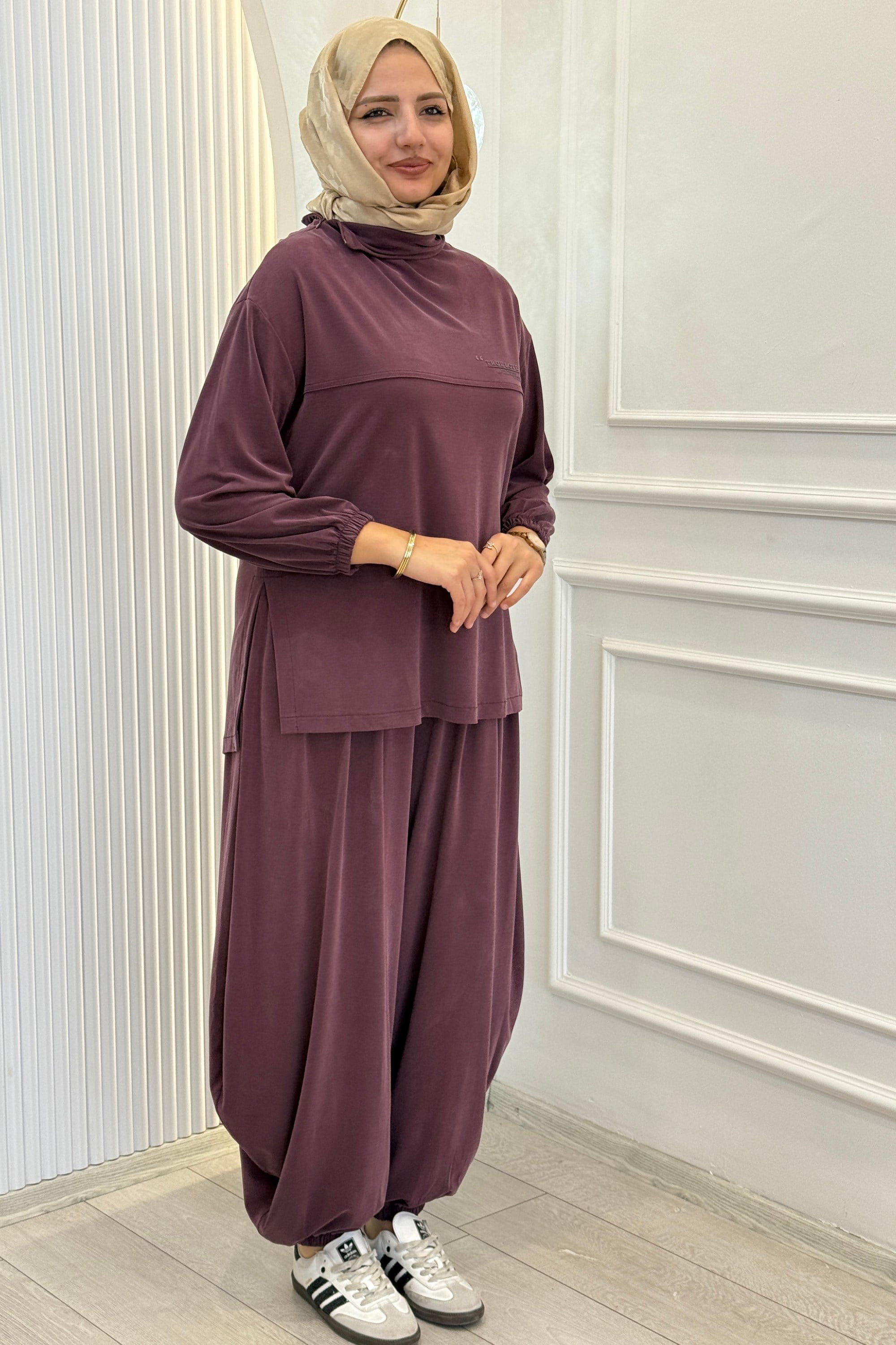 Büyük Beden Salaş Tunik Şalvar Pantolon Takım Mürdüm OTW3764