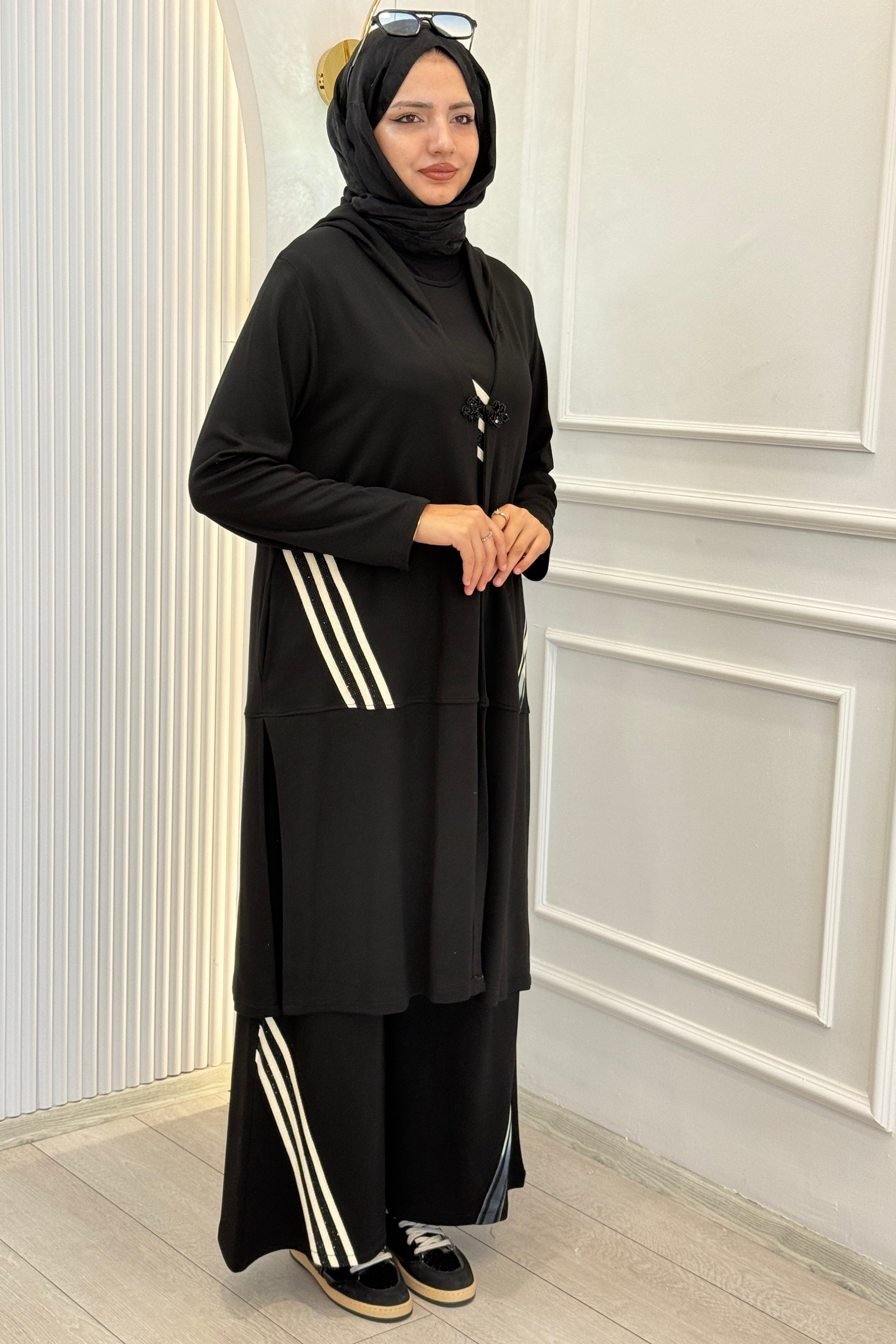 Büyük Beden Şerit Garnili Üçlü Takım Siyah OTW2037