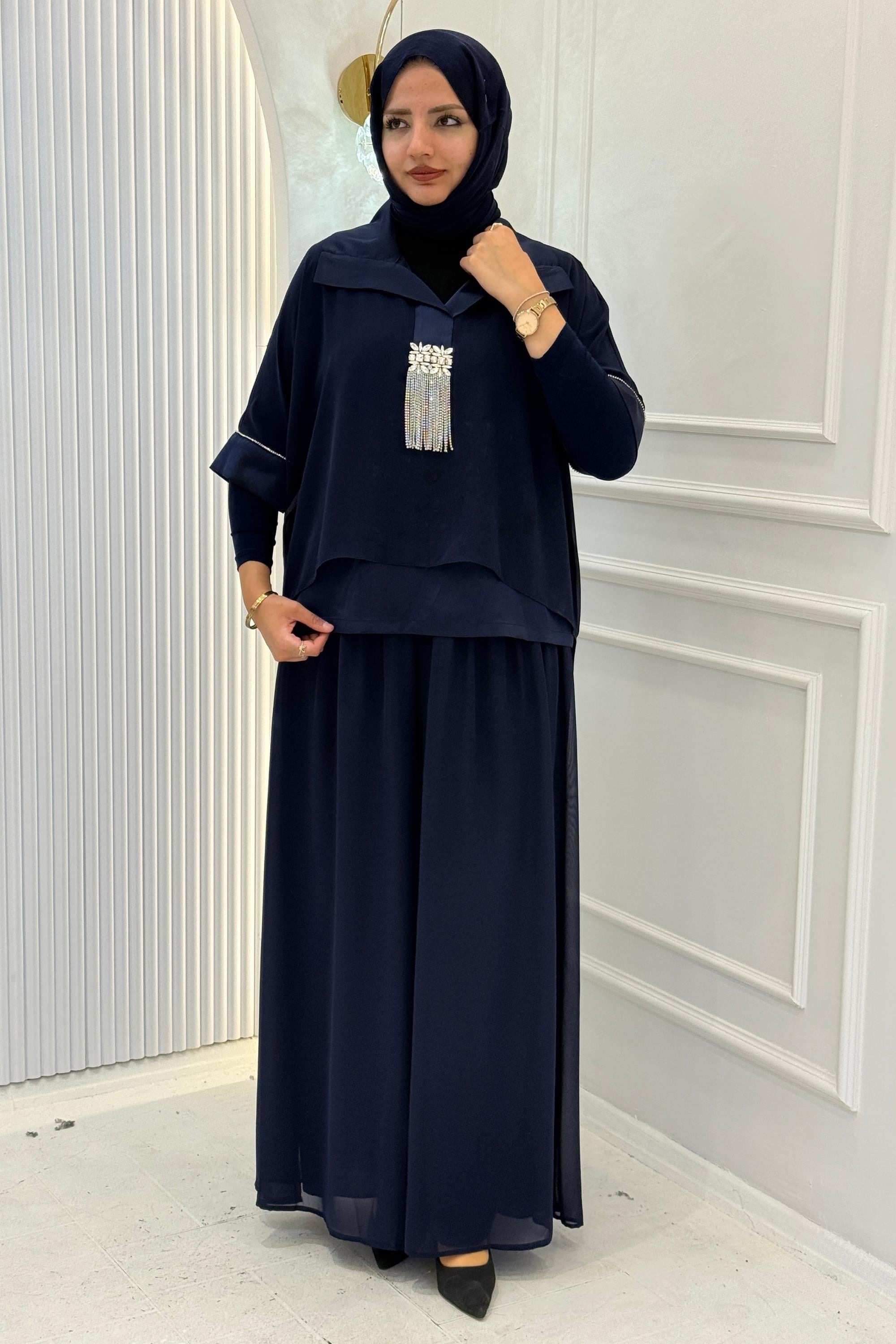 Büyük Beden Şifon Detaylı Pantolonlu Takım Saks OTW46843