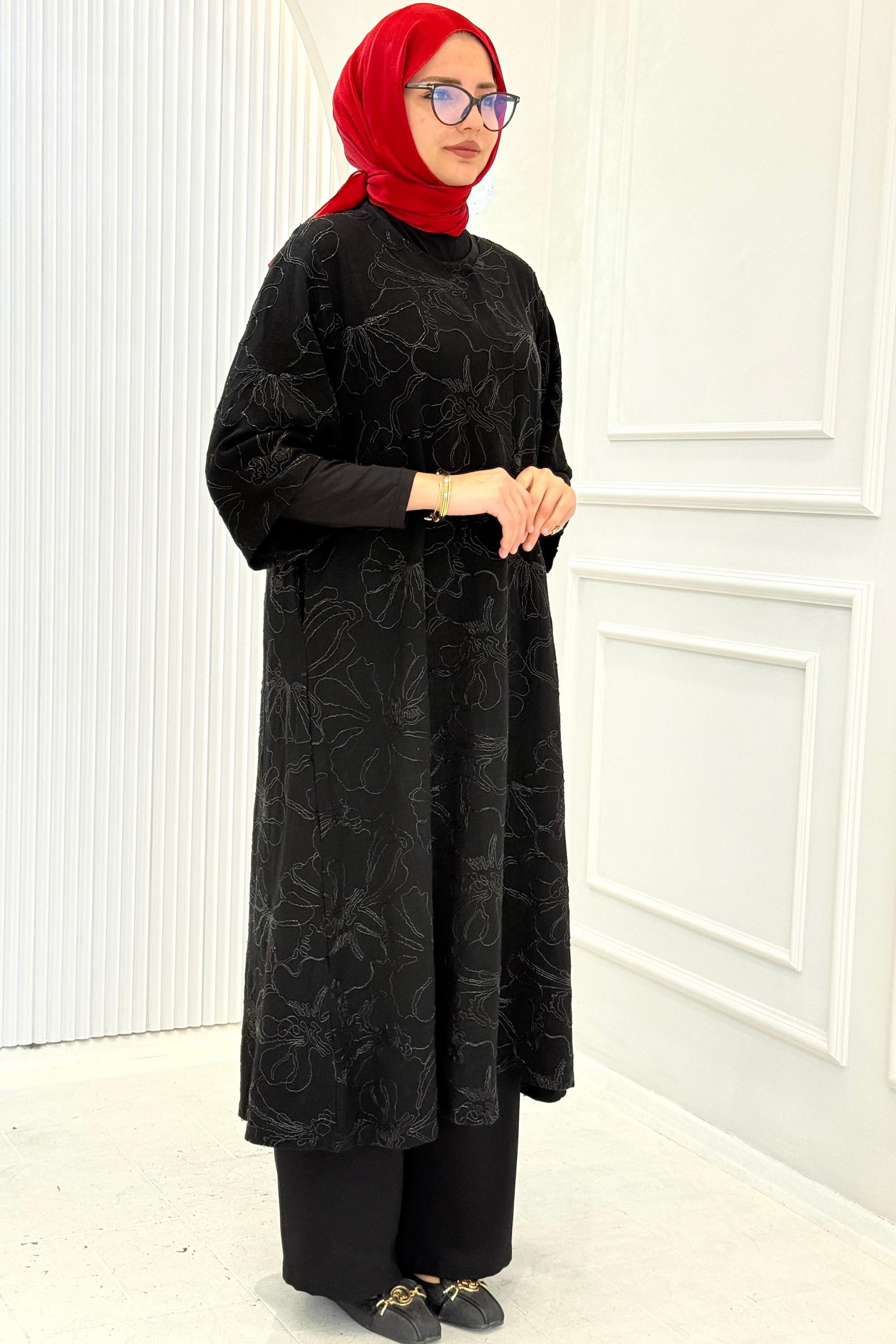 Büyük Beden Siyah Desenli Nakışlı Kap Siyah OTW9721