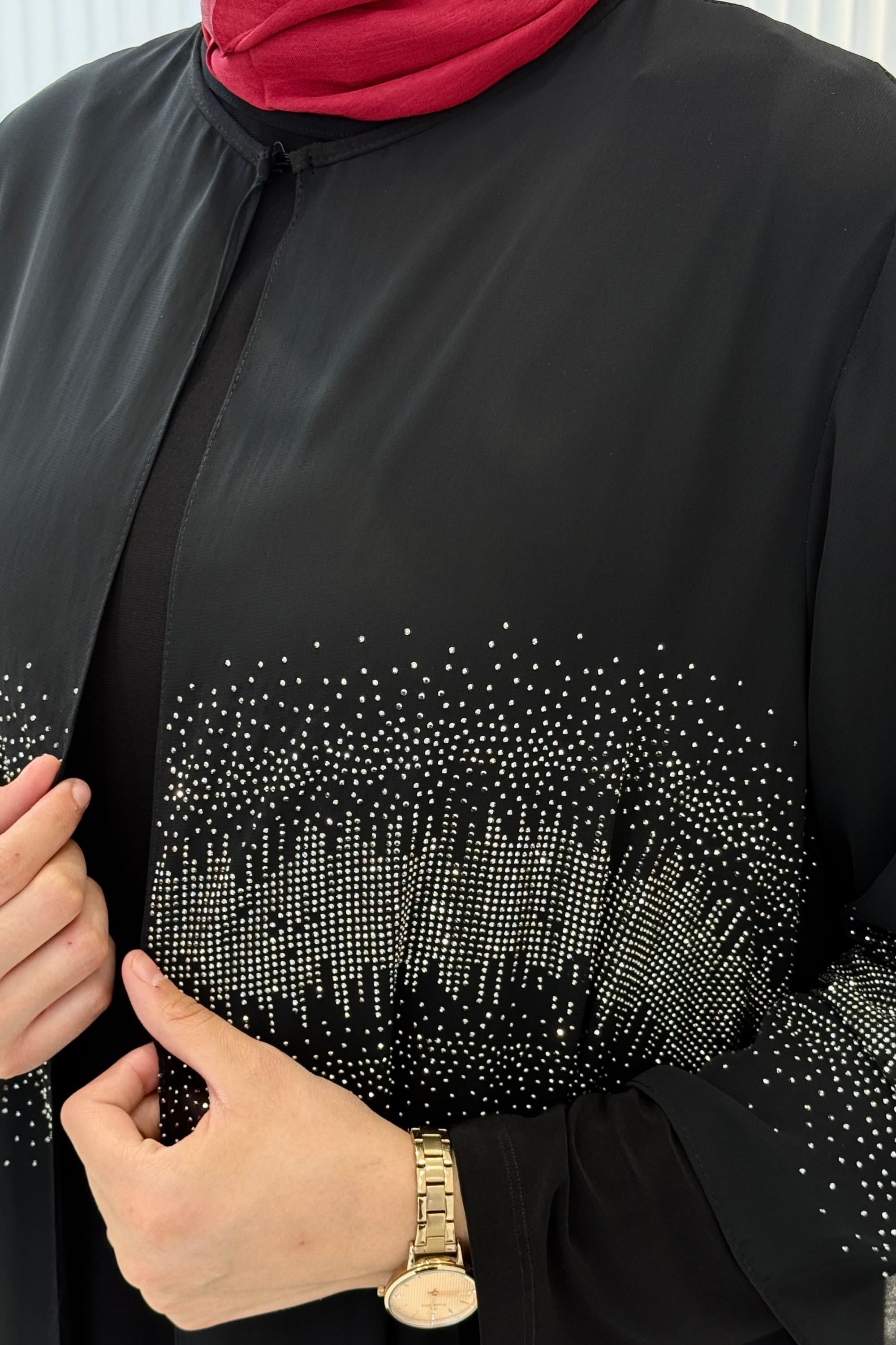 Büyük Beden Taş Detaylı Abaya Takım Siyah OTW560