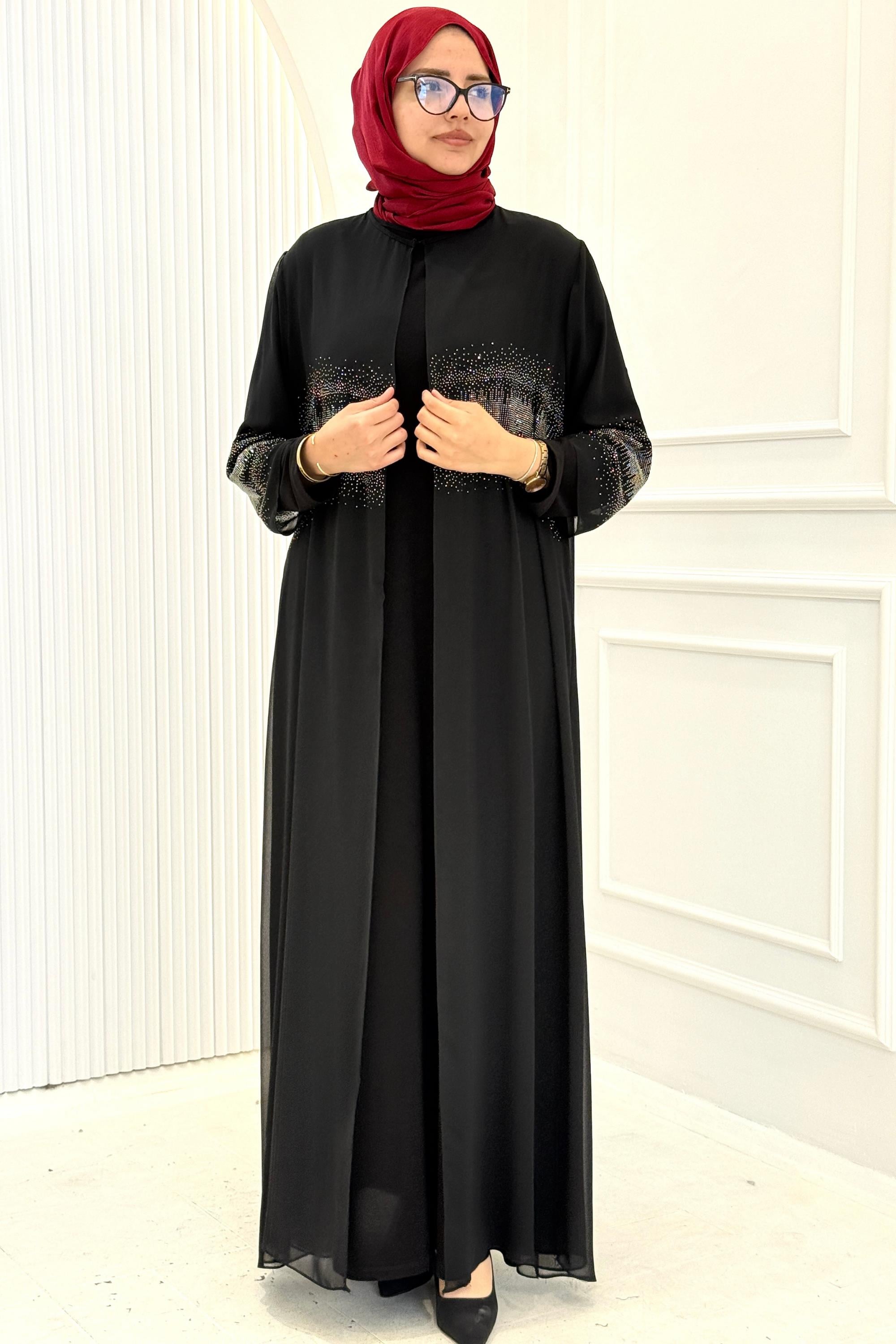 Büyük Beden Taş Detaylı Abaya Takım Siyah OTW560