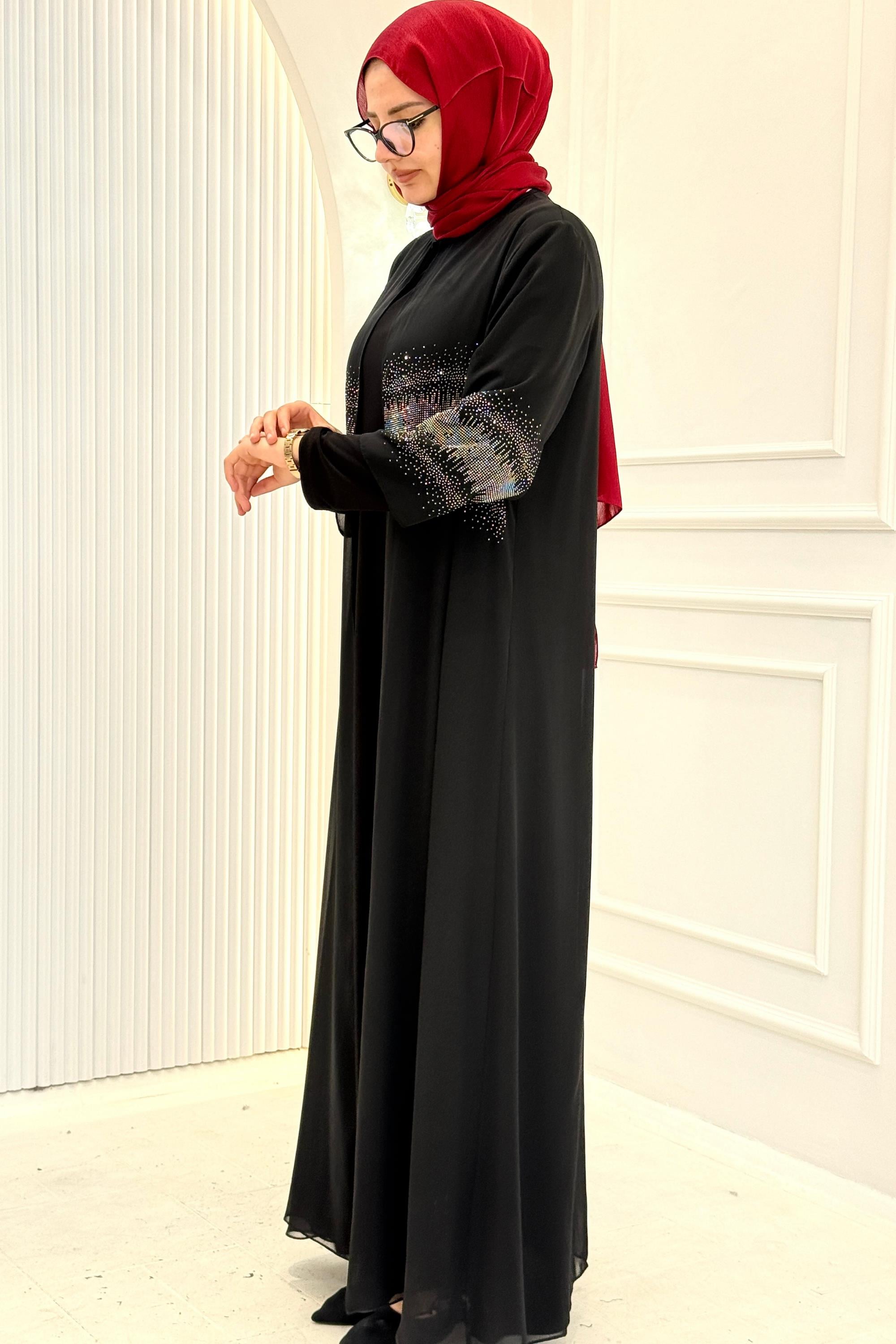Büyük Beden Taş Detaylı Abaya Takım Siyah OTW560