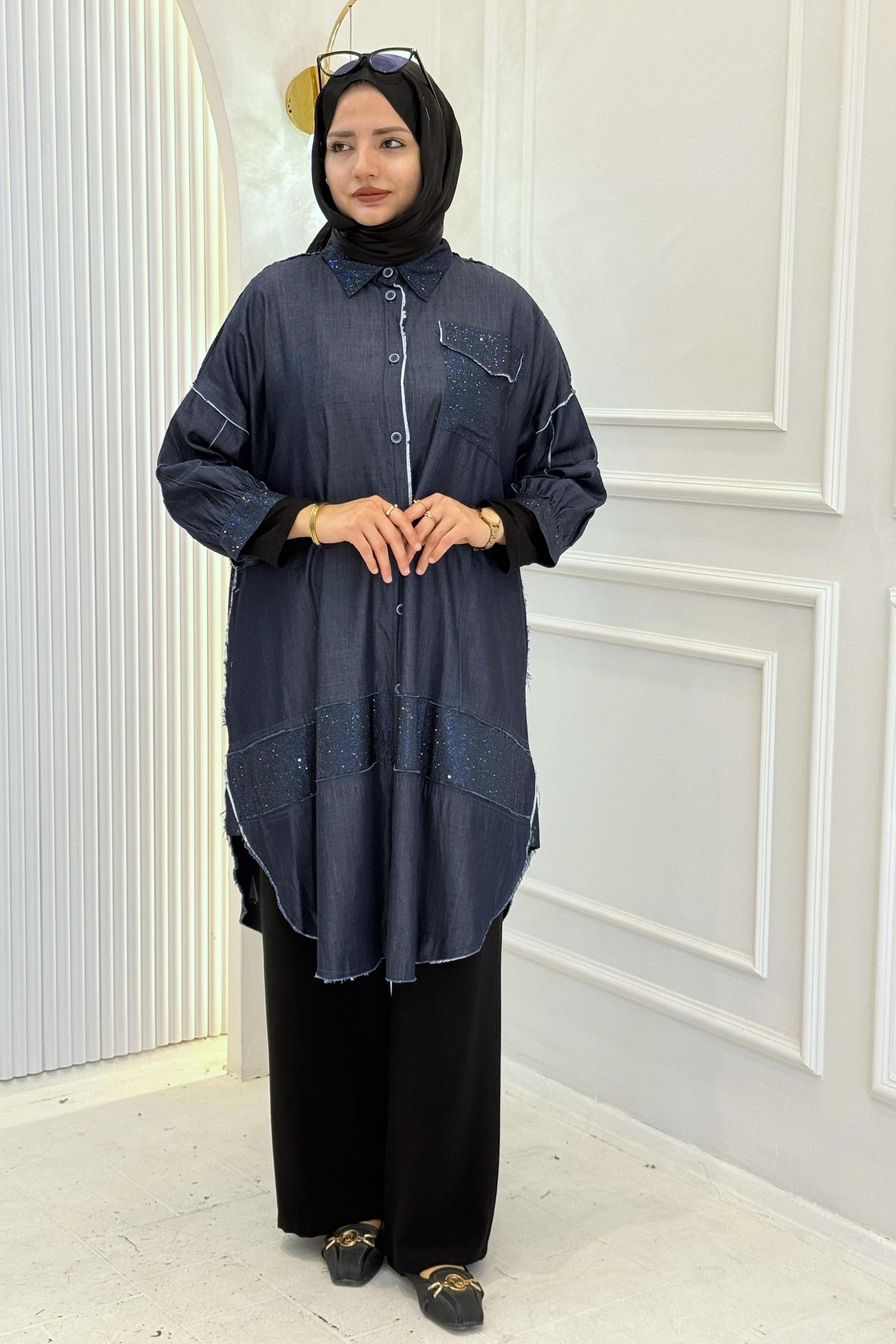 Büyük Beden Taş Detaylı Denim Gömlek Lacivert OTW1706