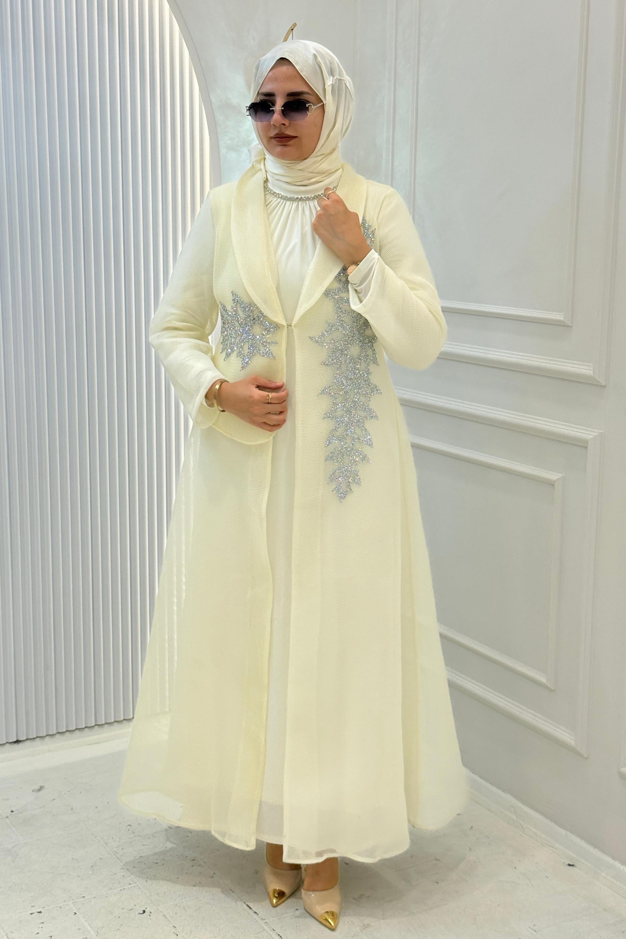 Büyük Beden Taş İşlemeli Abaya Takım Ekru OTW45859