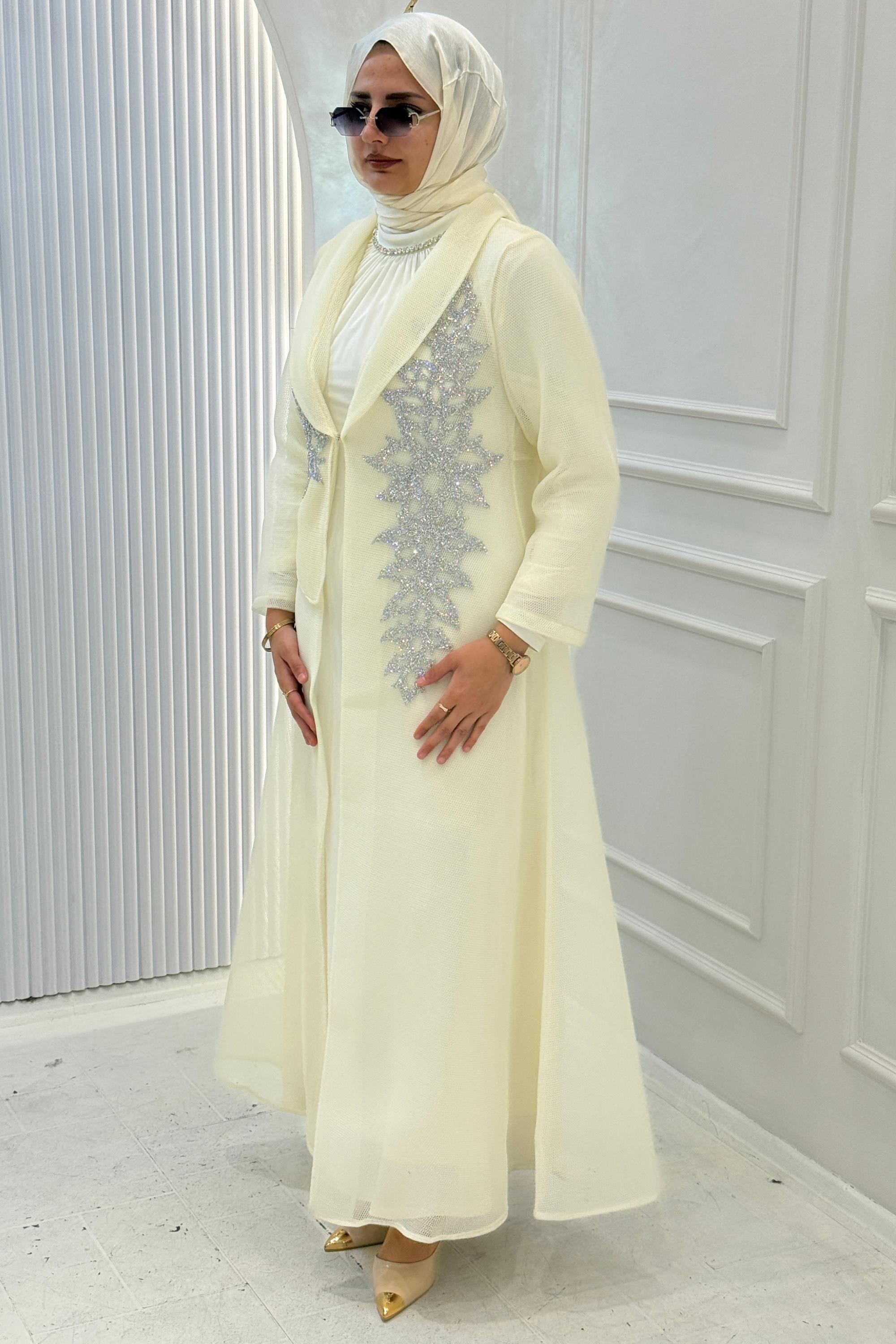 Büyük Beden Taş İşlemeli Abaya Takım Ekru OTW45859