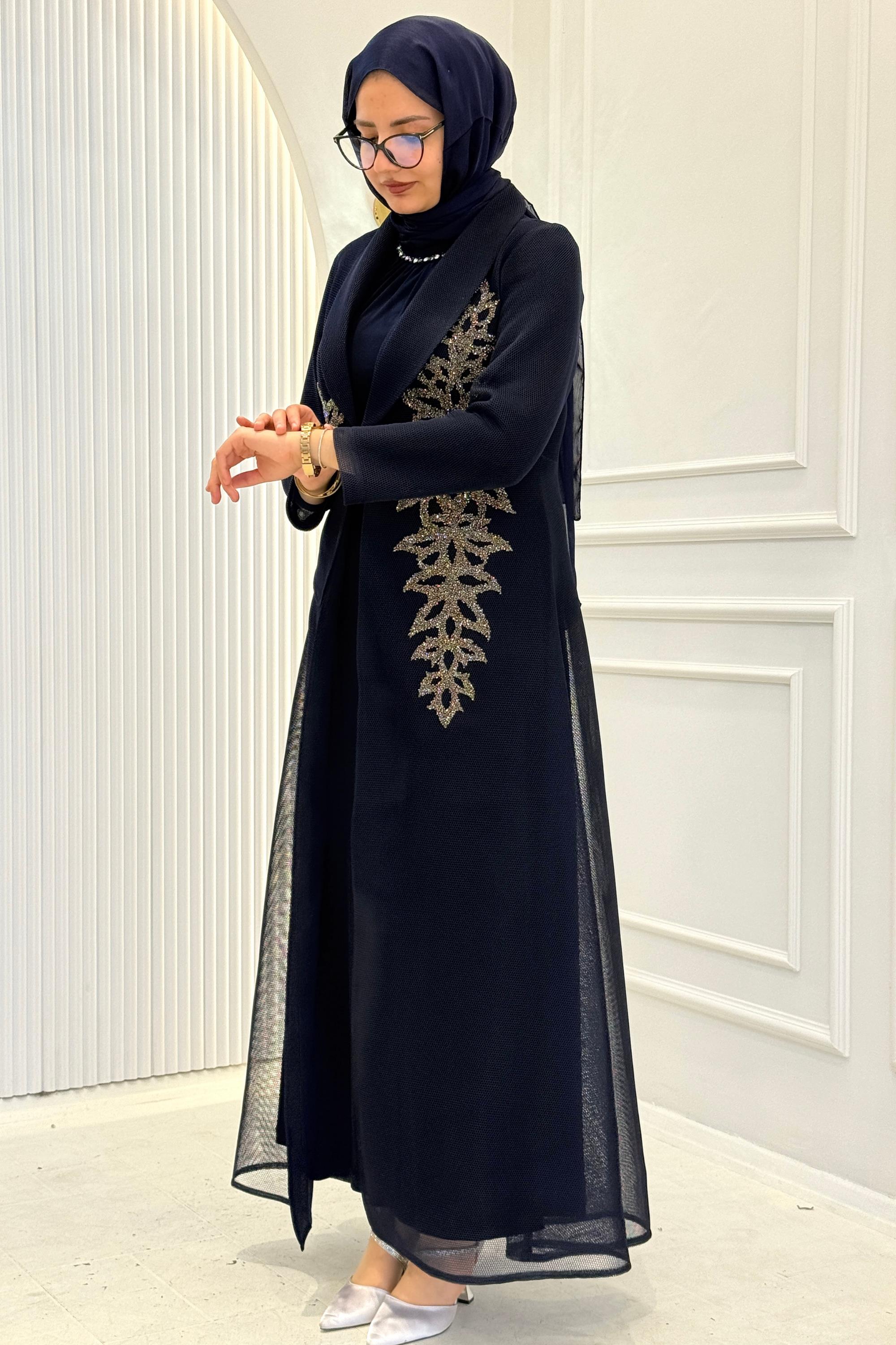 Büyük Beden Taş İşlemeli Abaya Takım Lacivert OTW45859