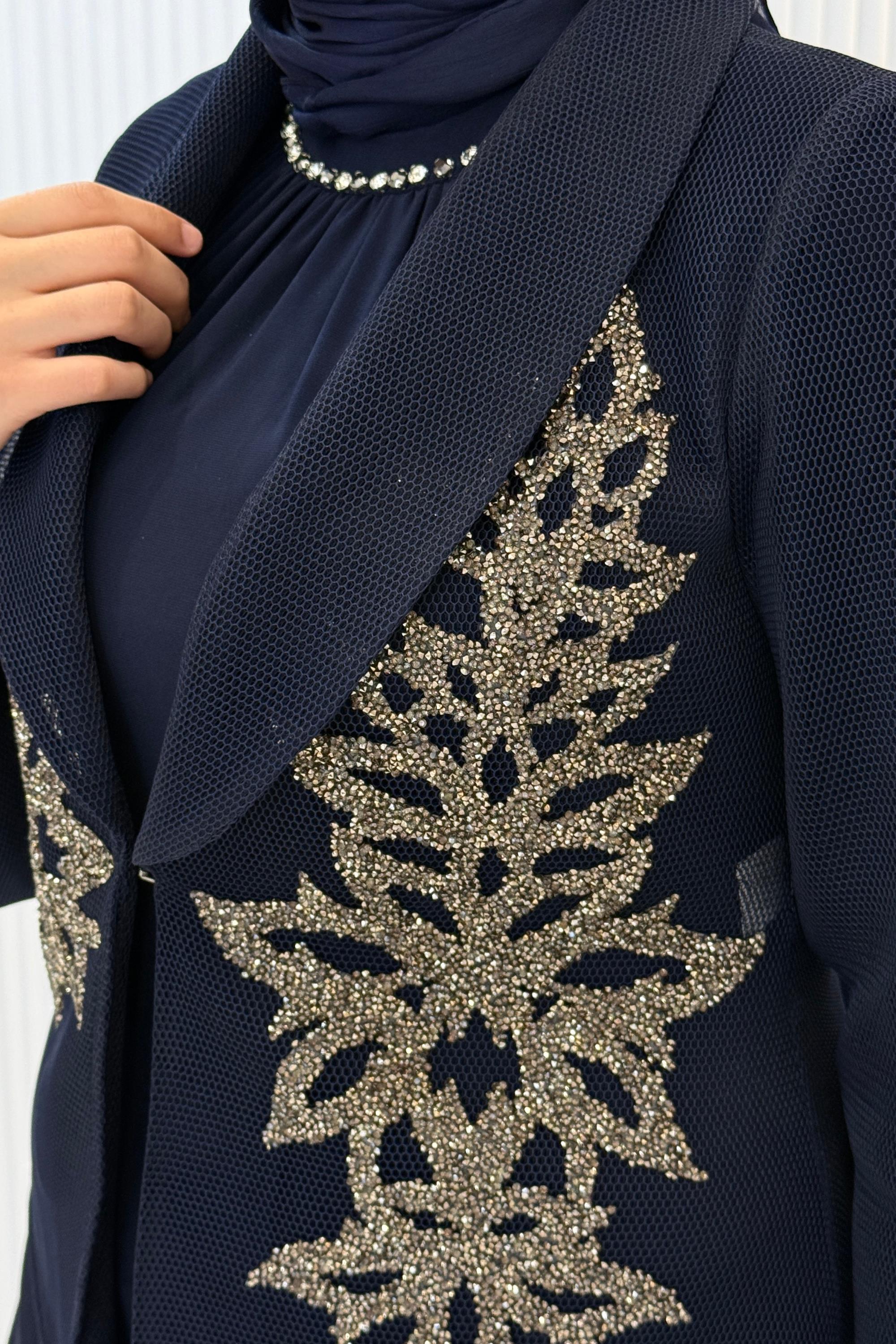 Büyük Beden Taş İşlemeli Abaya Takım Lacivert OTW45859