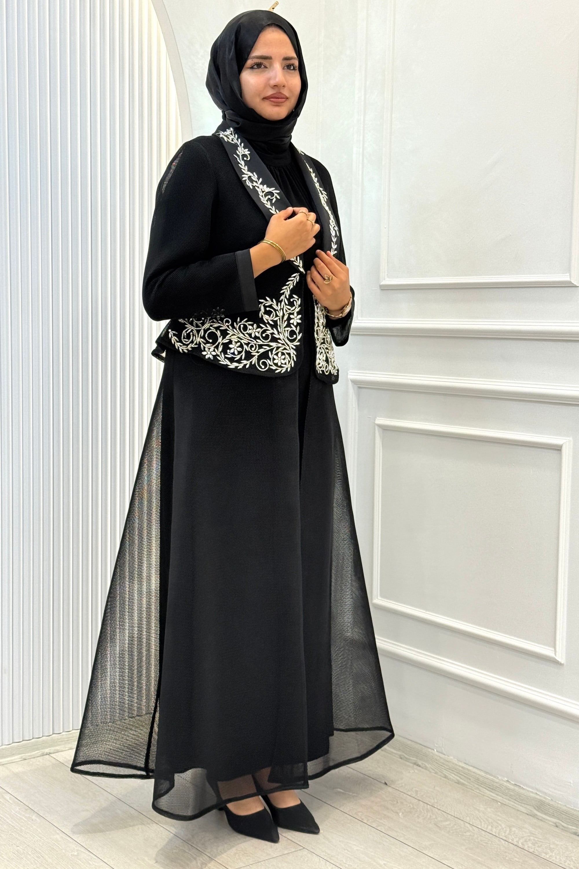 Büyük Beden Taş İşlemeli Abaya Takım Siyah OTW46933