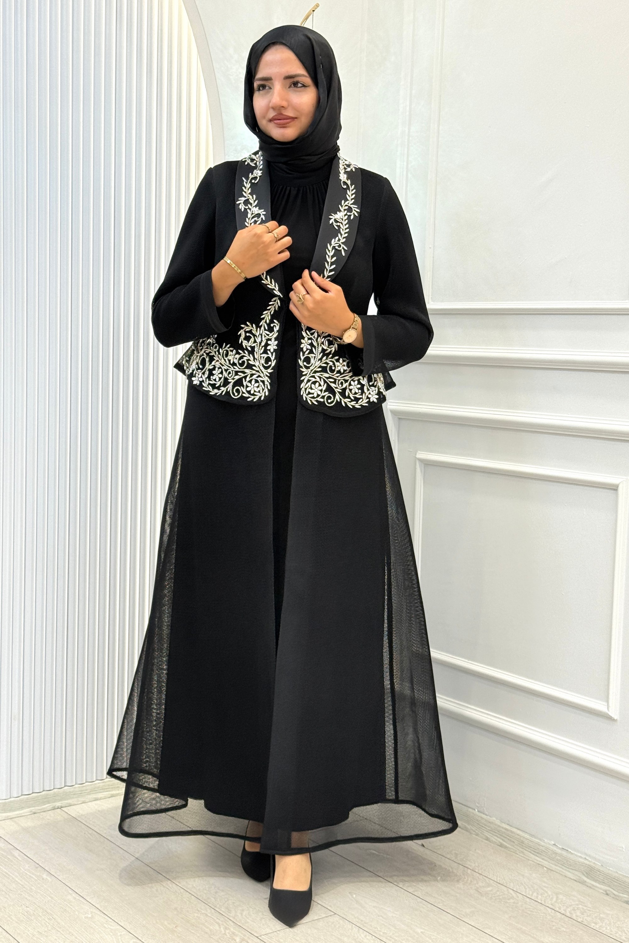 Büyük Beden Taş İşlemeli Abaya Takım Siyah OTW46933
