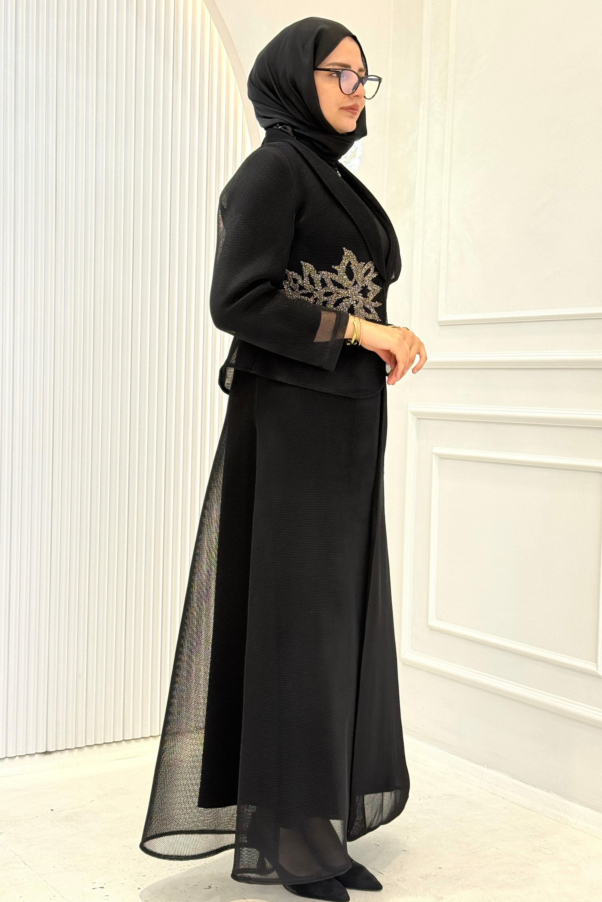 Büyük Beden Taş İşlemeli Abaya Takım Siyah OTW45859