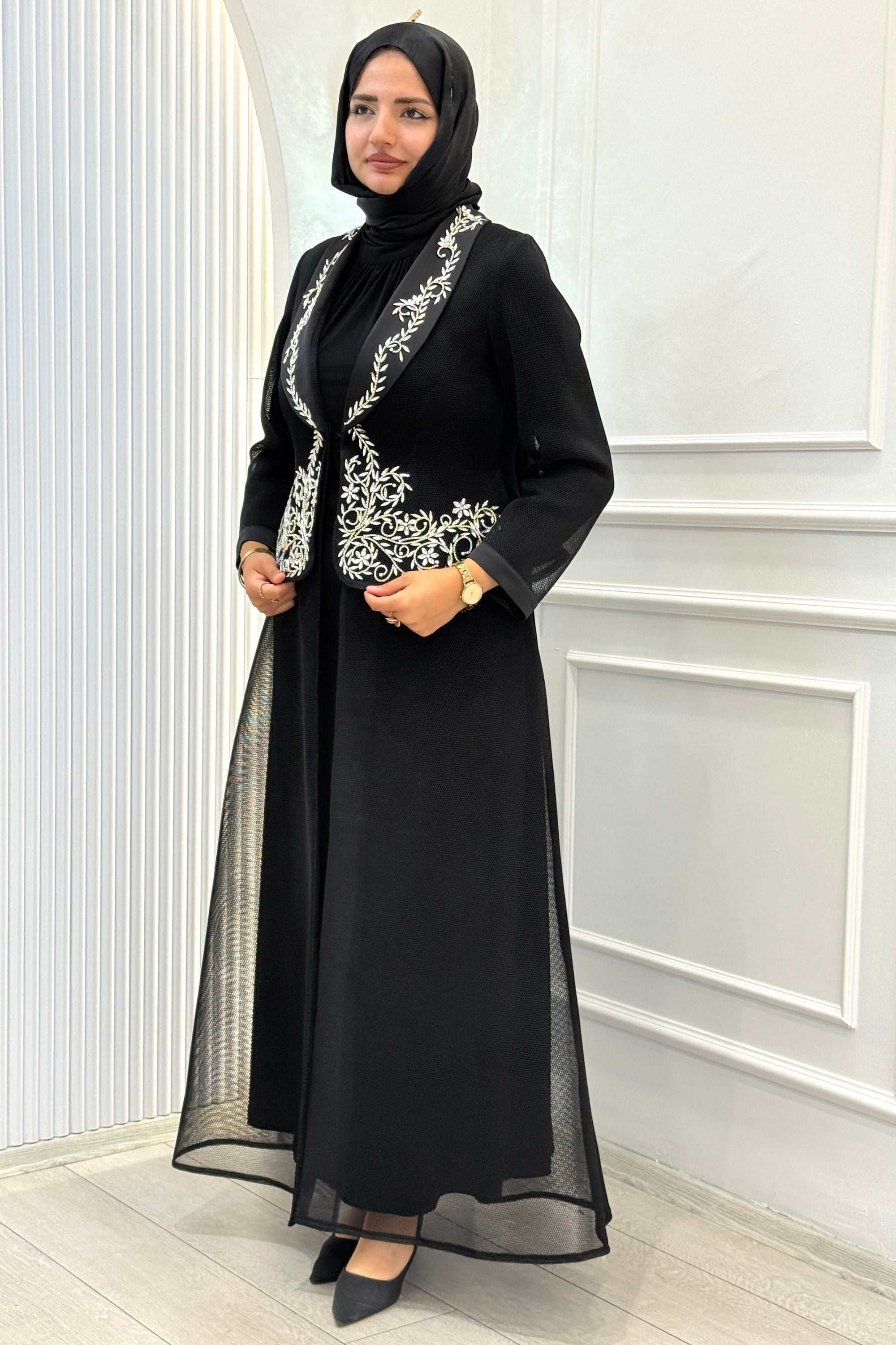 Büyük Beden Taş İşlemeli Abaya Takım Siyah OTW46933