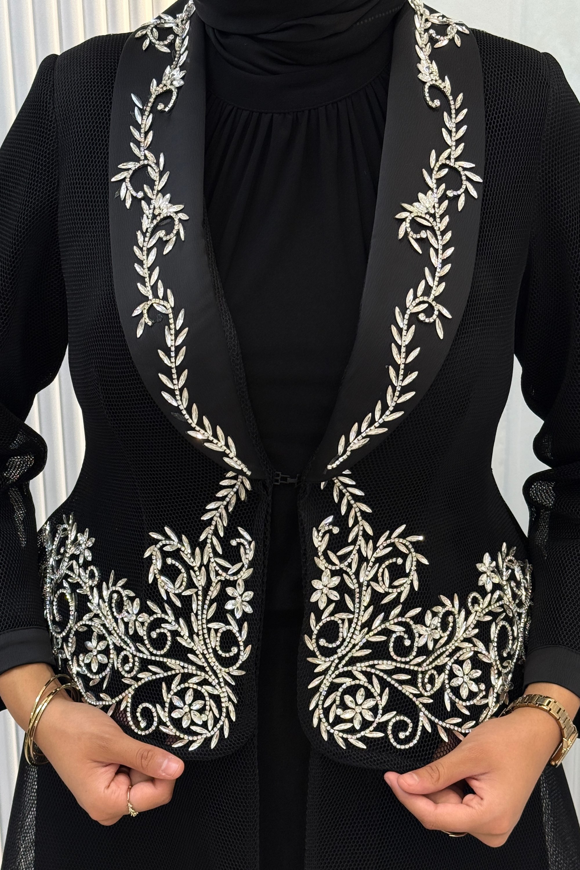 Büyük Beden Taş İşlemeli Abaya Takım Siyah OTW46933
