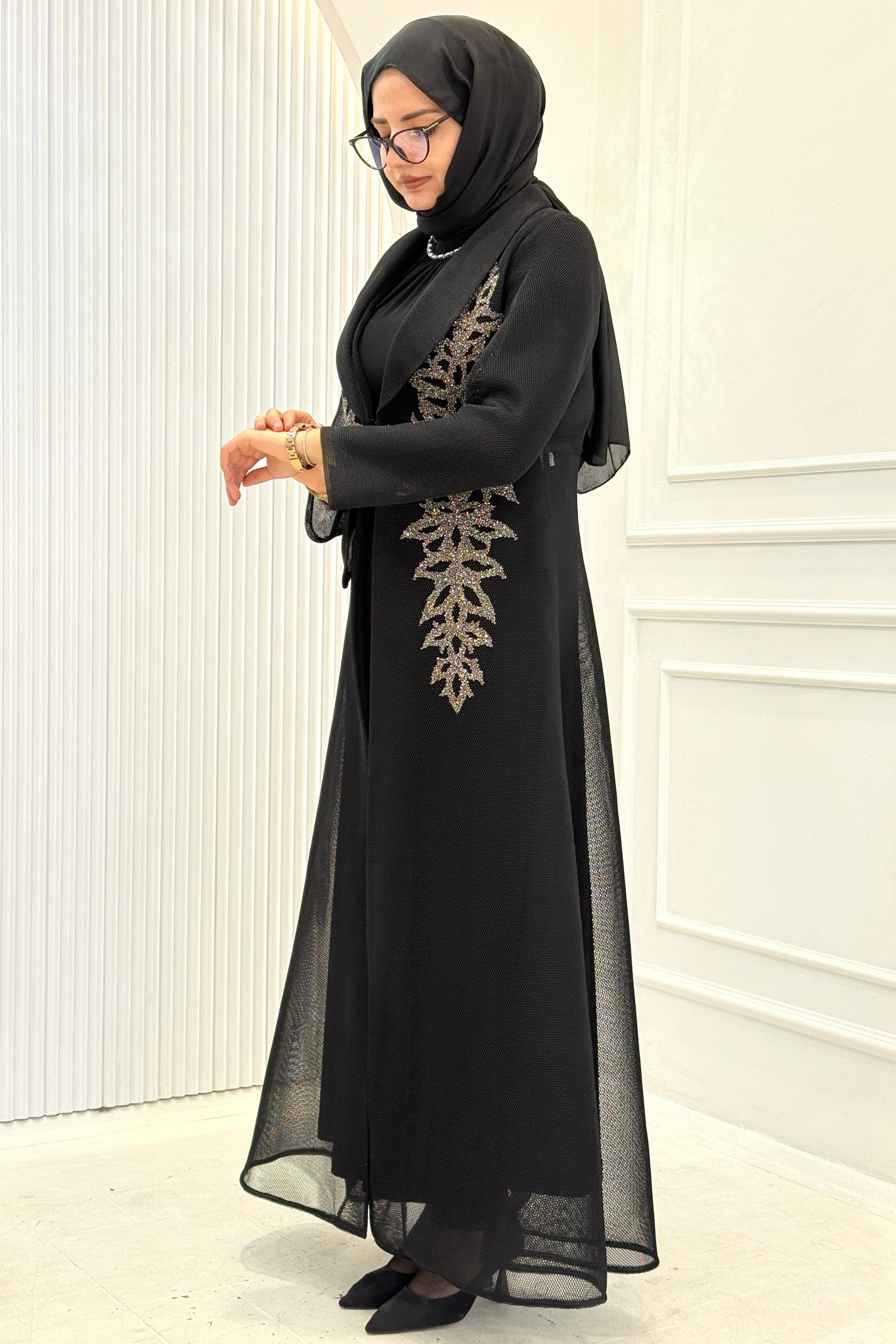 Büyük Beden Taş İşlemeli Abaya Takım Siyah OTW45859