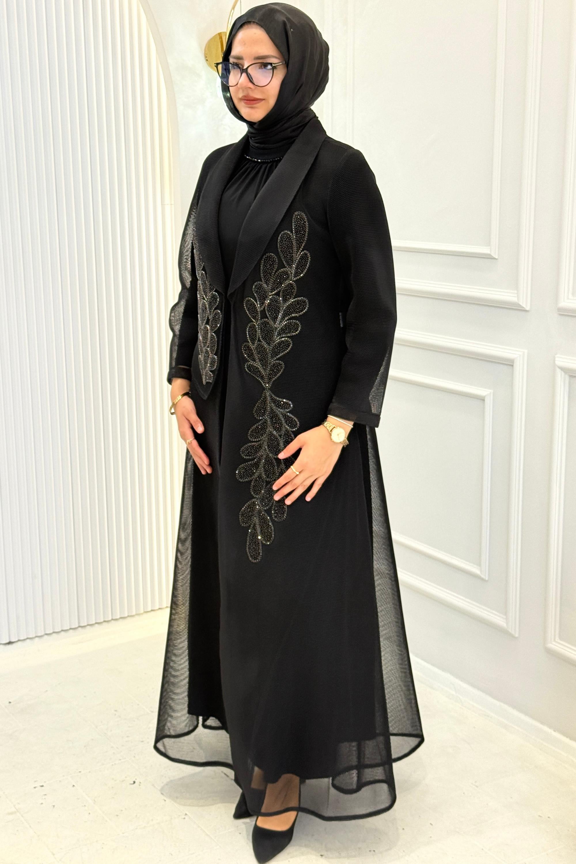 Büyük Beden Taş İşlemeli Abaya Takım Siyah OTW46907