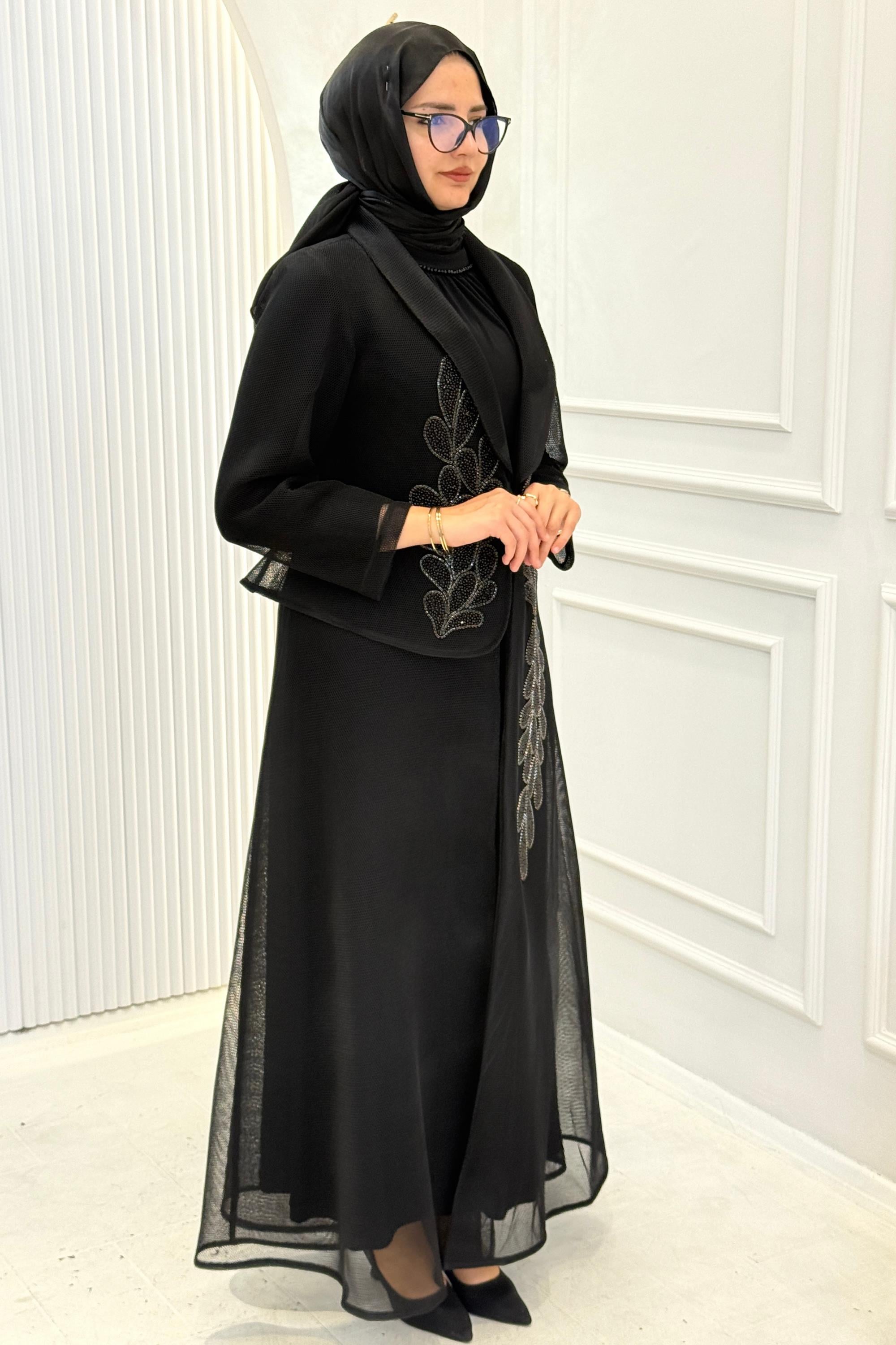 Büyük Beden Taş İşlemeli Abaya Takım Siyah OTW46907