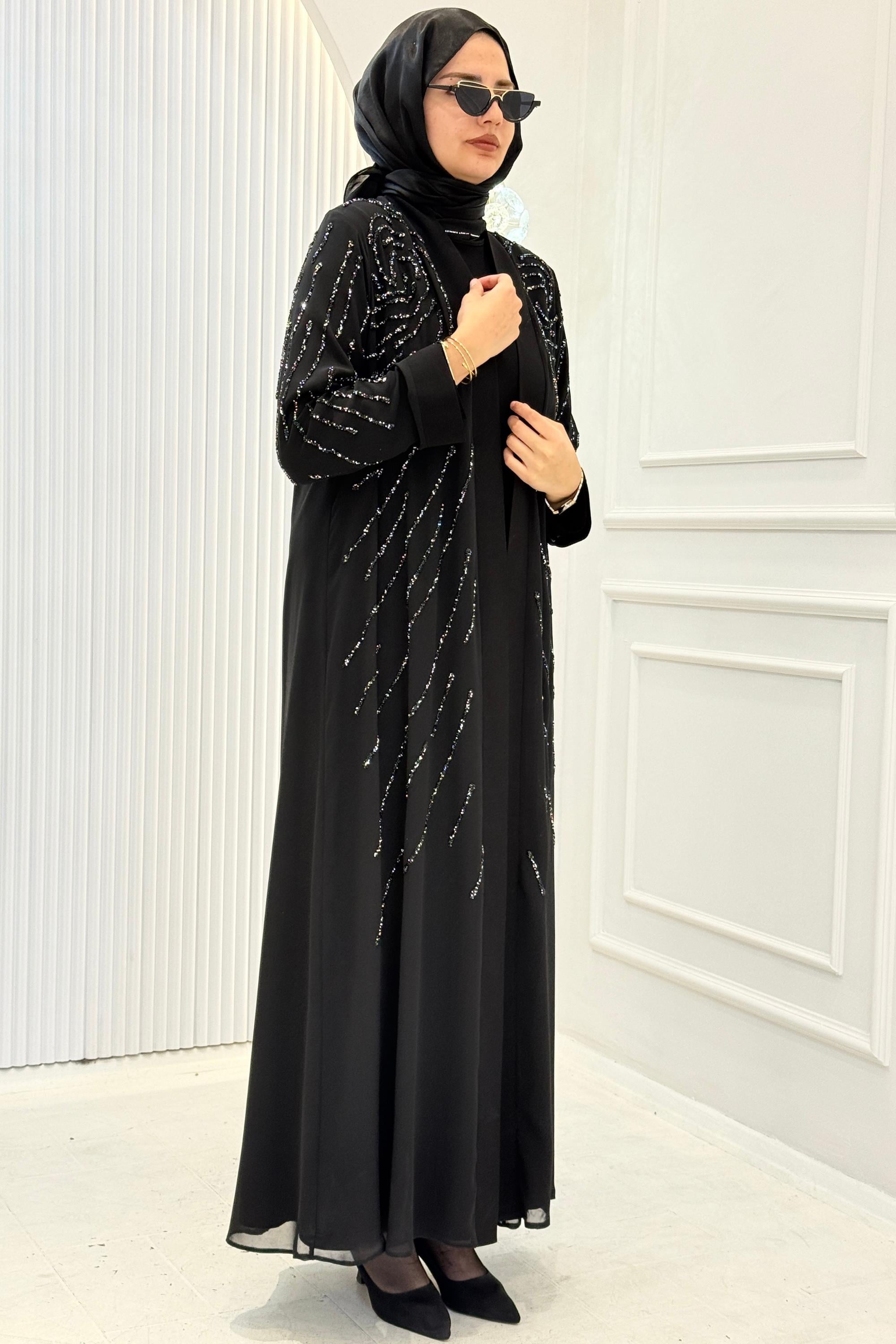 Büyük Beden Taş İşlemeli Abaya Takım Siyah OTW609